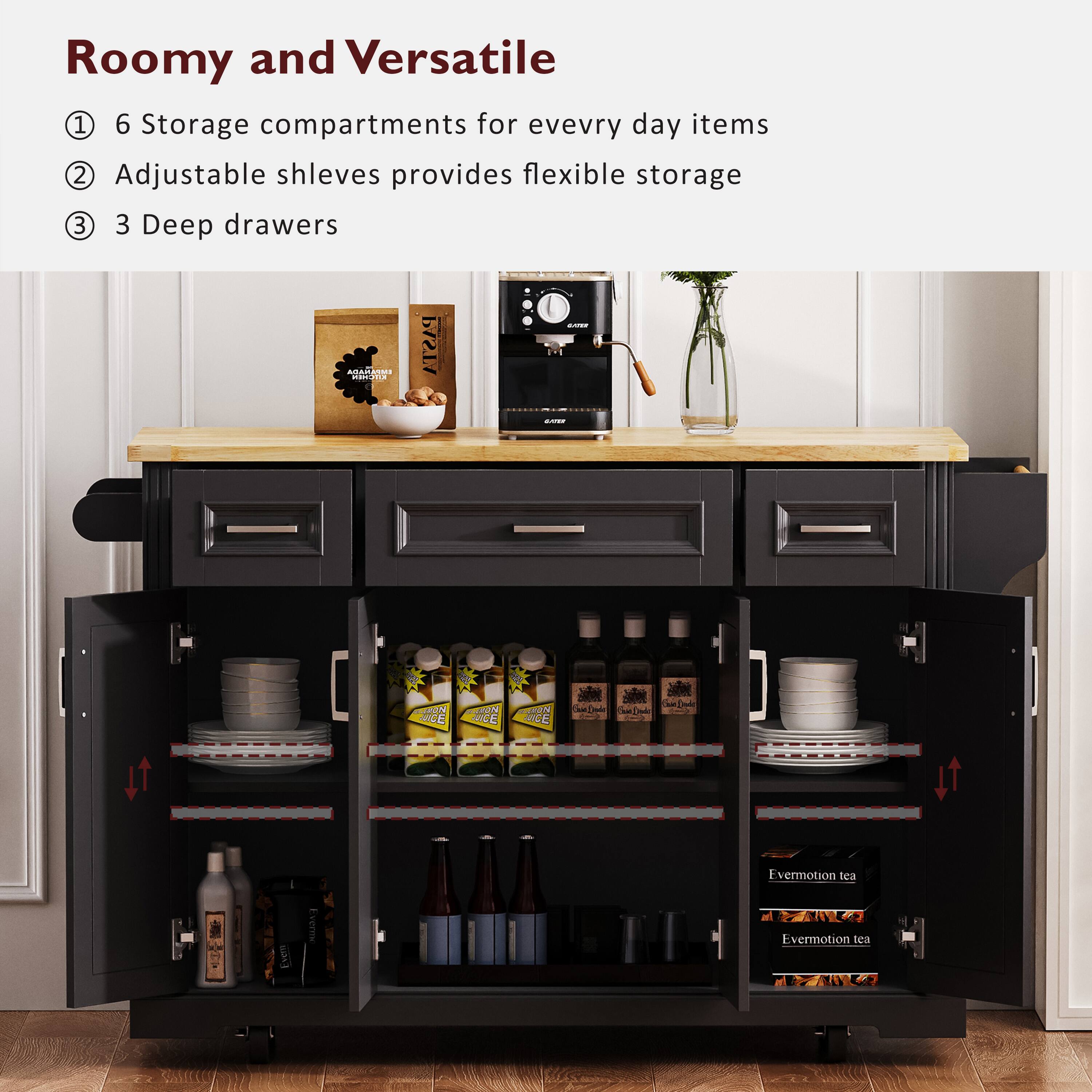 Roomy and Versatile

1. 6 Storage compartments for every day items
2. Adjustable shelves provides flexible storage
3. 3 Deep drawers