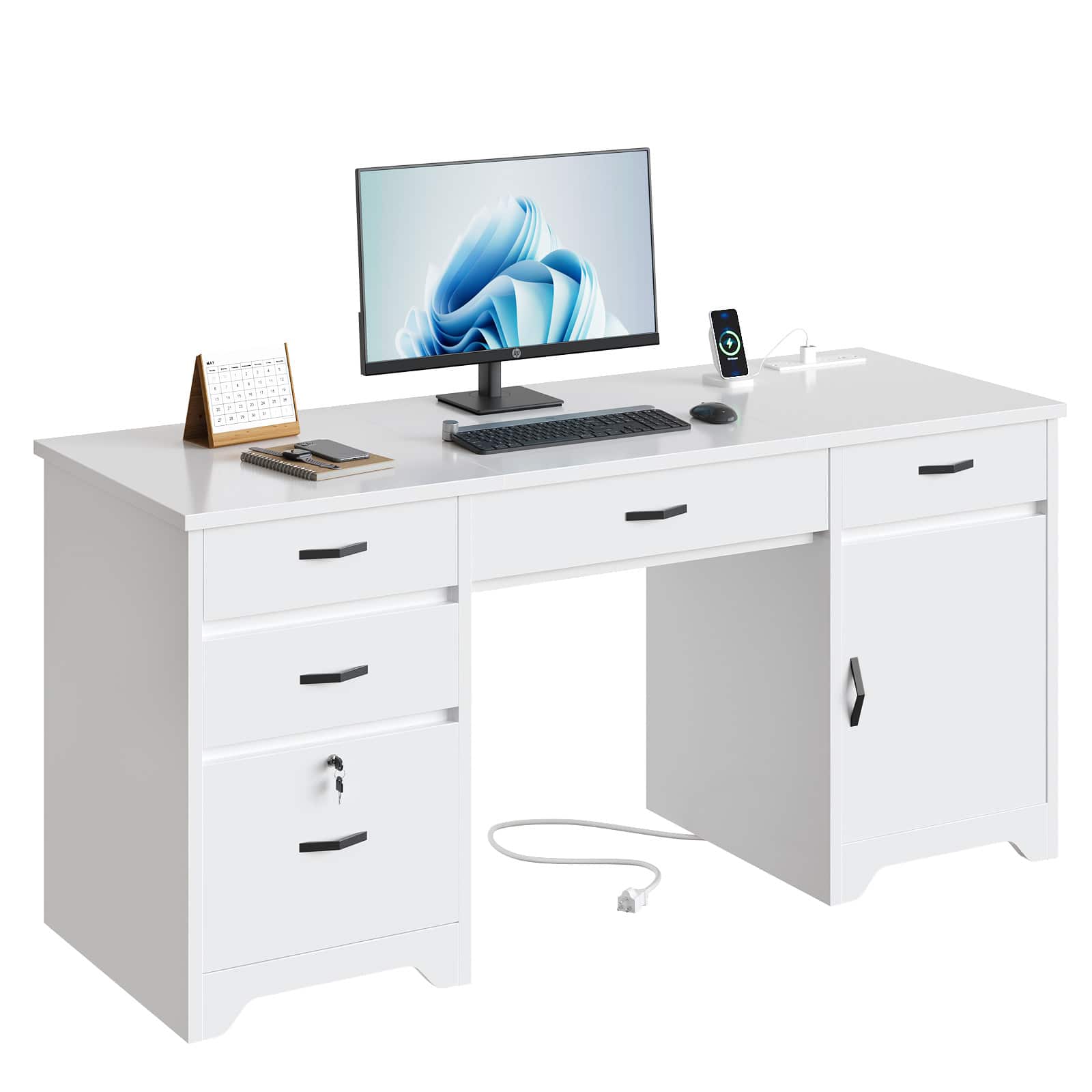 Bestier - 59-inch Office Desk with Charging station, File Drawers & Cabinets for Study & Bedroom - White