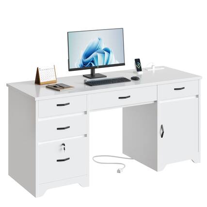 Front. Bestier - 59-inch Office Desk with Charging station, File Drawers & Cabinets for Study & Bedroom - White.