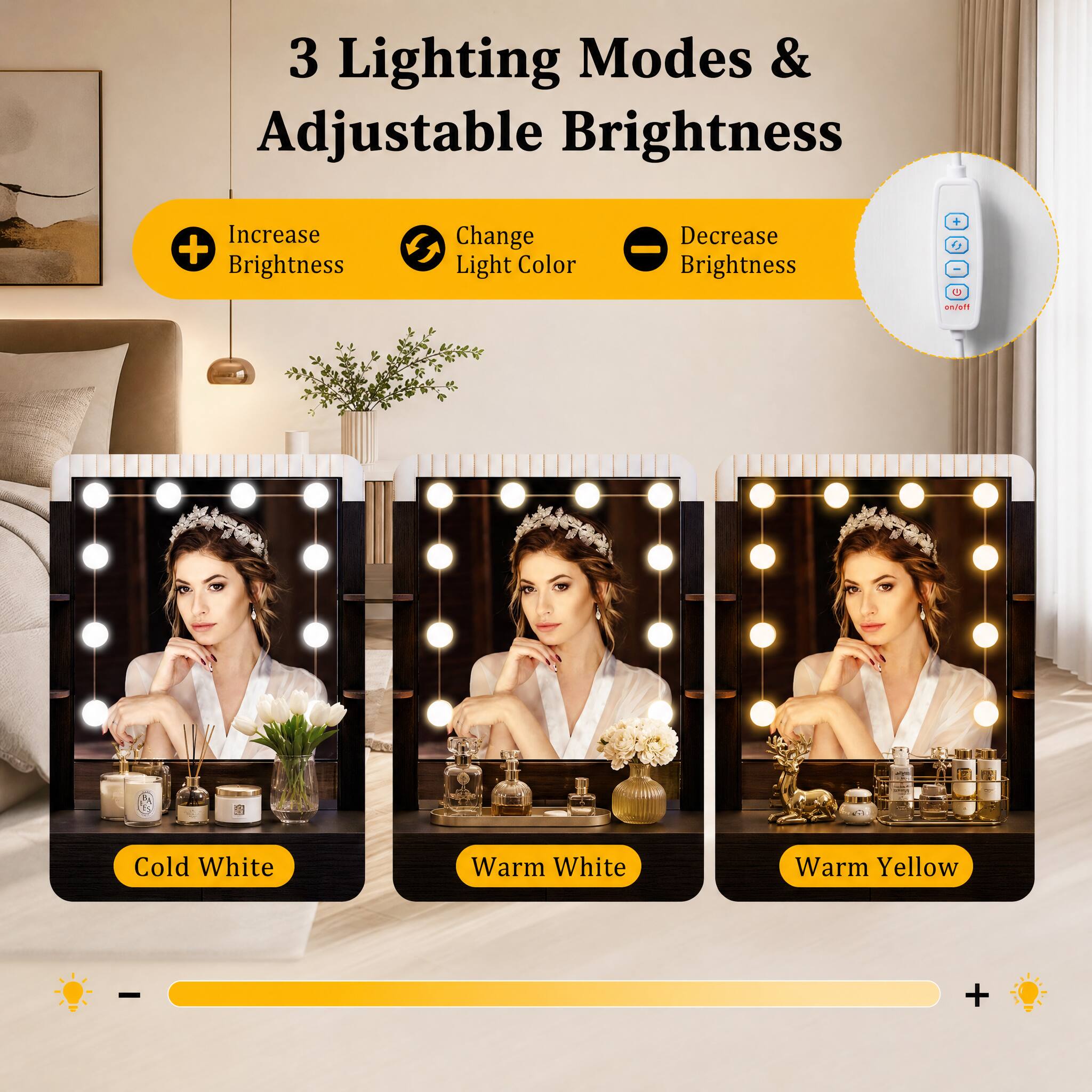 3 Lighting Modes & Adjustable Brightness

Increase + Brightness
Change Light Color
Decrease - Brightness

Cold White
Warm White
Warm Yellow