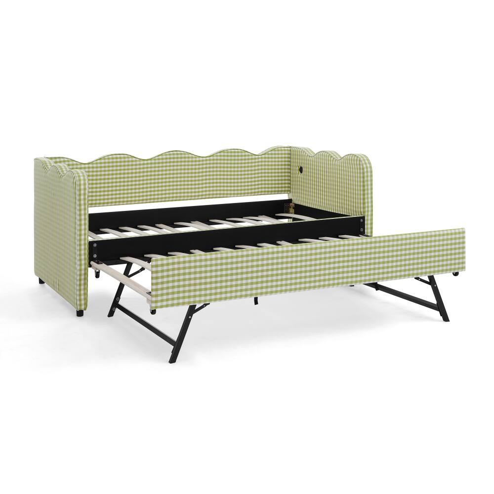 Alt View 7. JUJABU - Green Cozy Gingham Daybed with Twin Size Trundle No Box Spring Needed, with USB Port and Adorable Wave Shaped - Green.