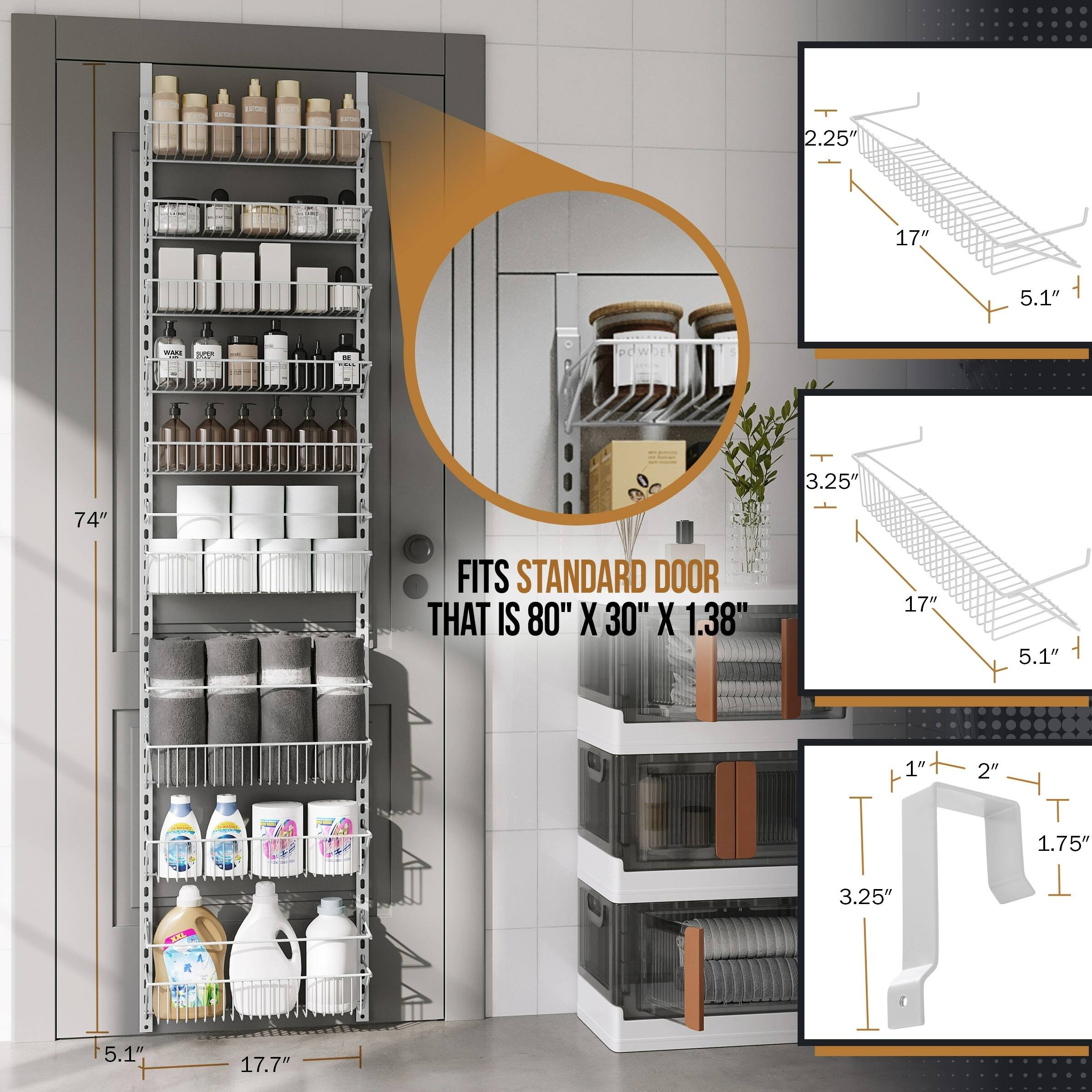 - 2.25" 17" 5.1" 
- 3.25" 74" 
- FITS STANDARD DOOR THAT IS 80" X 30" X 1.38" 
- 1" 2" T 
- 1.75" 3.25" 
- 5.1" 17.7"