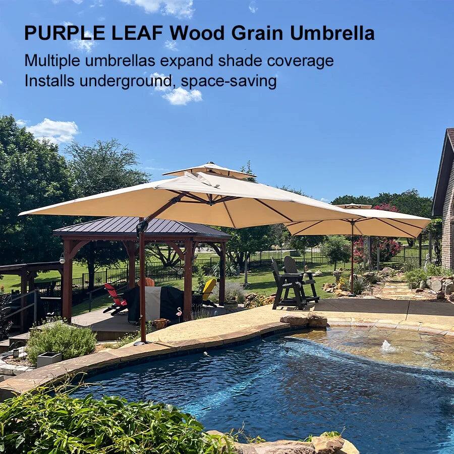 PURPLE LEAF Wood Grain Umbrella  
Multiple umbrellas expand shade coverage  
Installs underground, space-saving