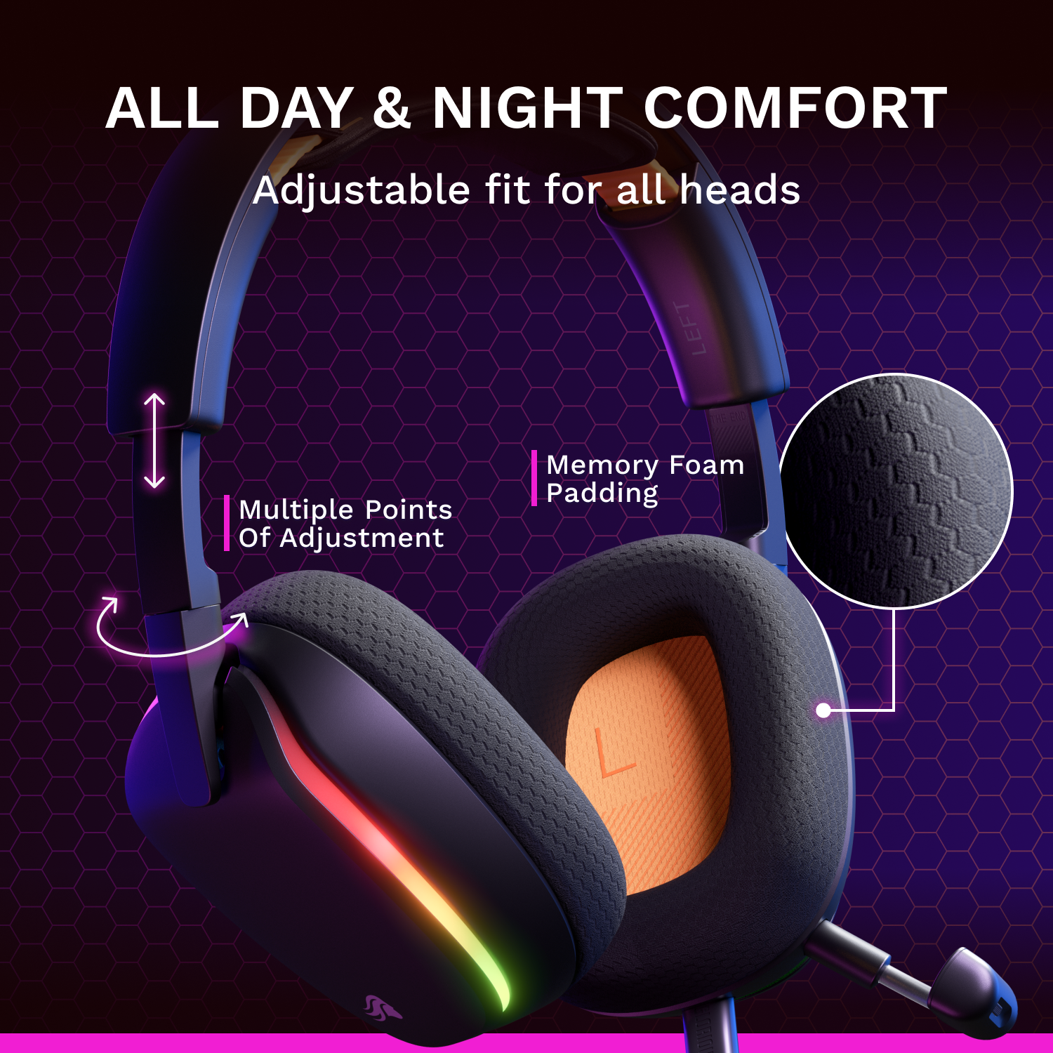 ALL DAY & NIGHT COMFORT  
Adjustable fit for all heads  

LEFT  
Multiple Points Of Adjustment  
Memory Foam Padding
