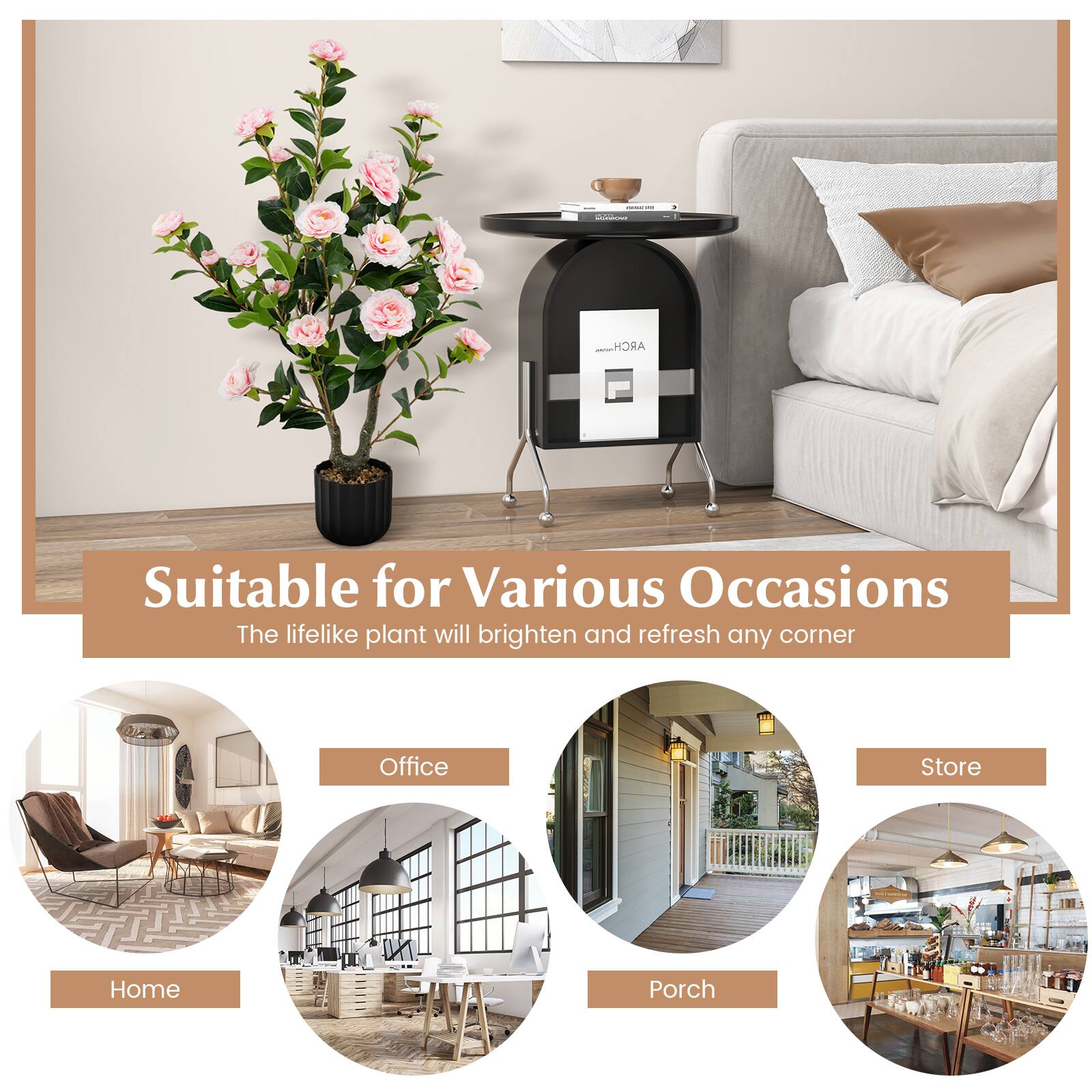 Suitable for Various Occasions  
The lifelike plant will brighten and refresh any corner  

- Home  
- Office  
- Store  
- Porch