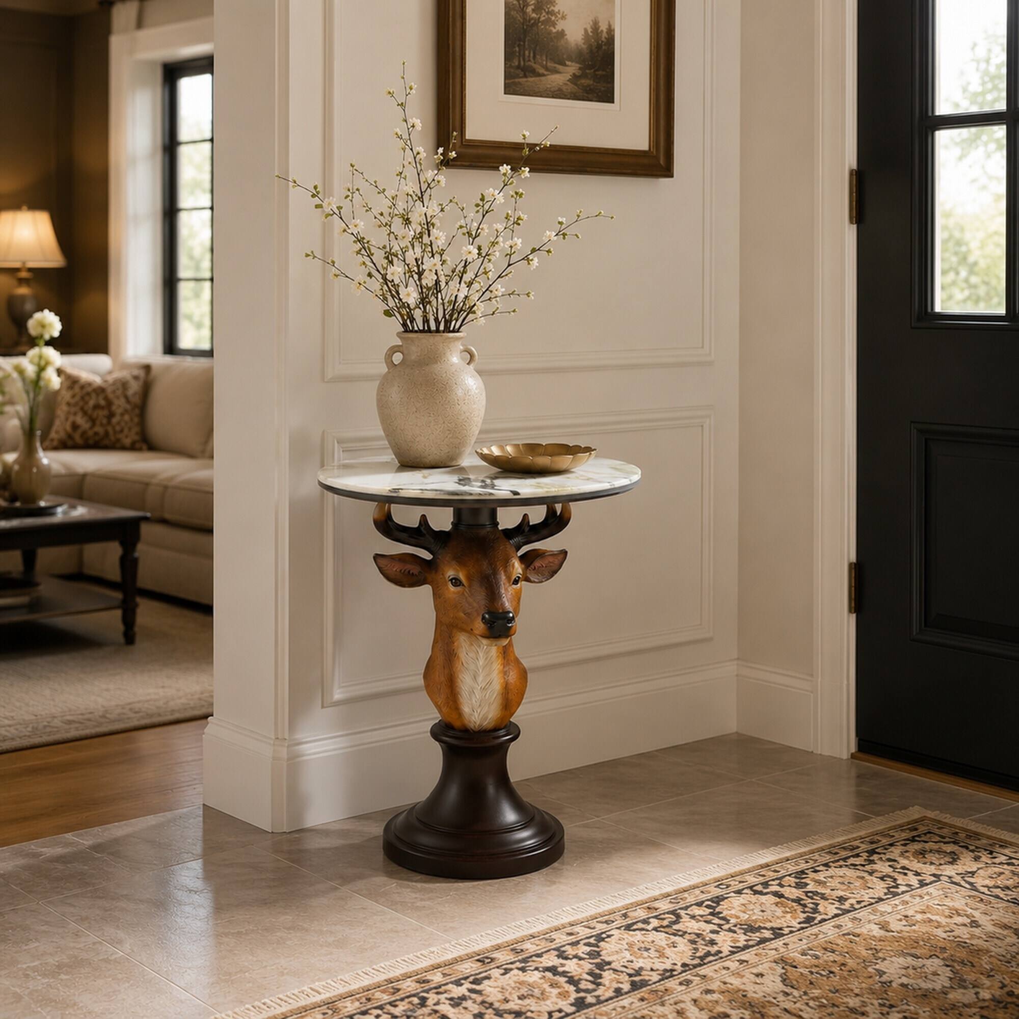 Alt View 1. RYHNUYNE - Deer Head Accent Table with Faux Marble Top for Living Room, Cabin, and Rustic Themed Decor - Brown.