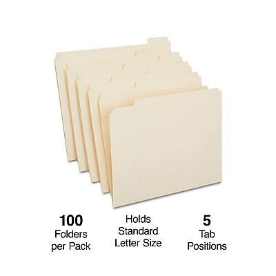 100 Folders per Pack  
Holds Standard Letter Size  
5 Tab Positions