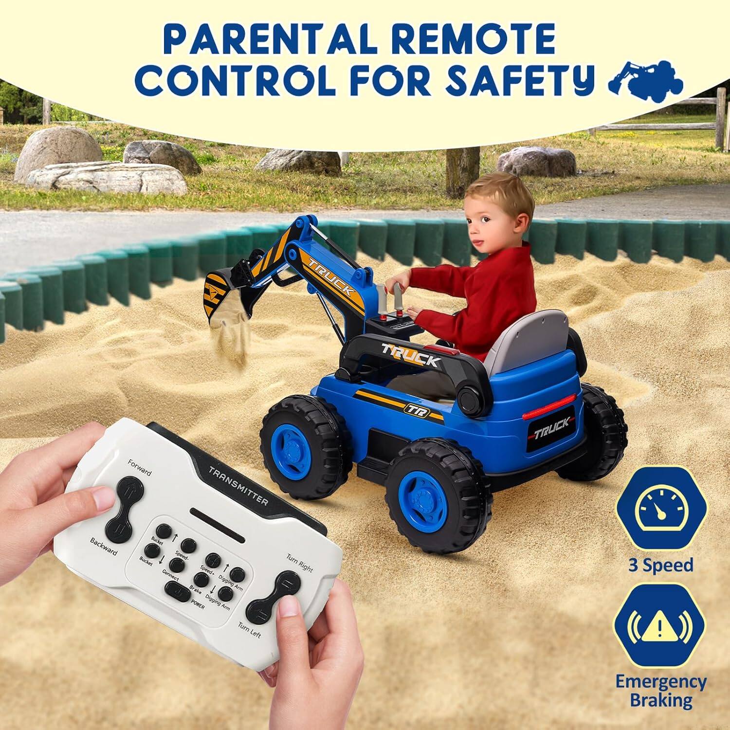 PARENTAL REMOTE CONTROL FOR SAFETY

TRANSMITTER

Forward
Backward
Turn Right
Turn Left

3 Speed
Emergency Braking