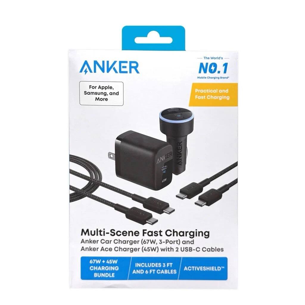ANKER  
The World's NO.1 Mobile Charging Brand  
For Apple, Samsung, and More  
Practical and Fast Charging  

Multi-Scene Fast Charging  
Anker Car Charger (67W, 3-Port) and Anker Ace Charger (45W) with 2 USB-C Cables  
67W + 45W CHARGING BUNDLE  
INCLUDES 3 FT CHARGING CABLES AND 6 FT CABLES BUNDLE