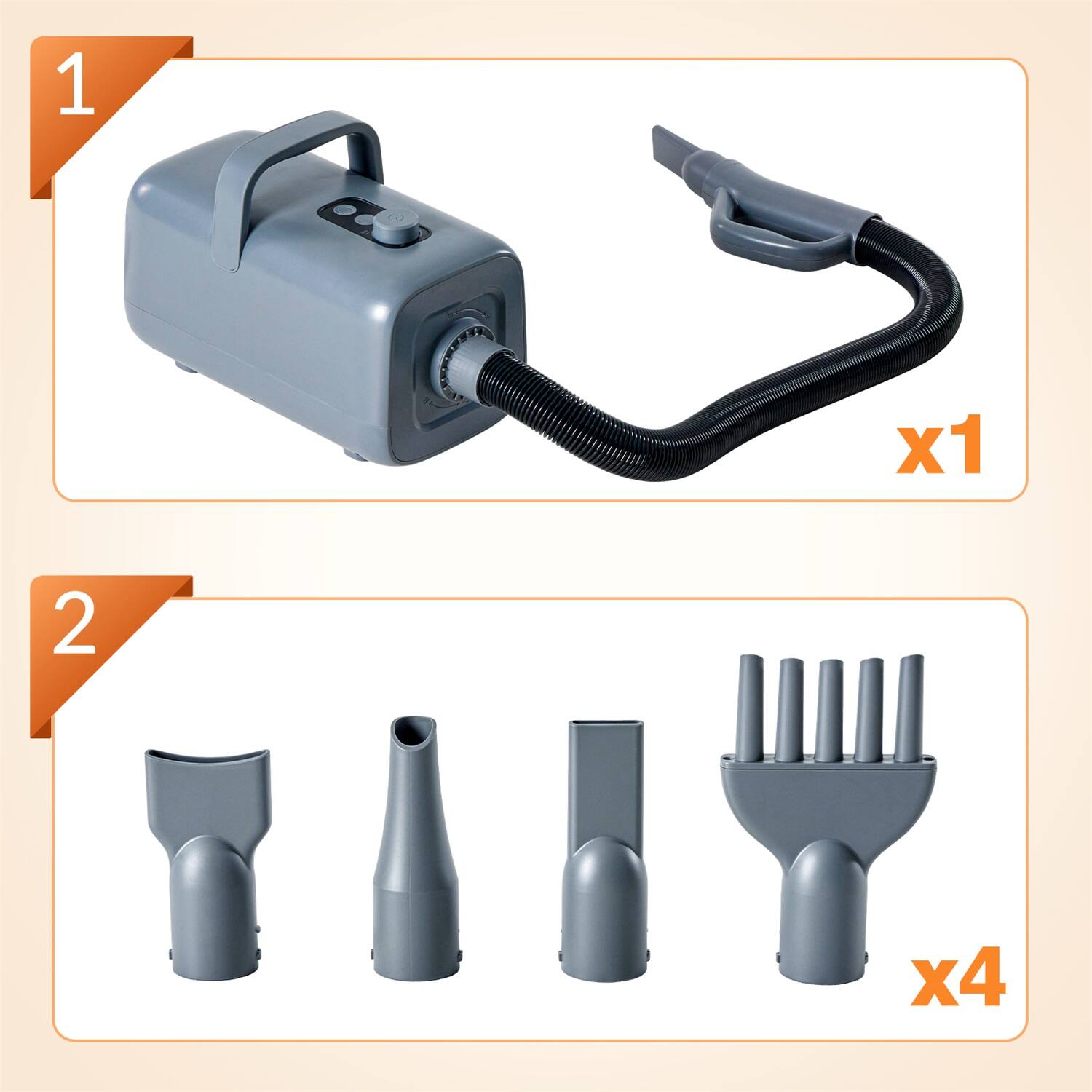Angle. Sweet - ﻿ High Velocity Dog Hair Drye, 1500W Adjustable Temp and Speed Pet Dryers with 4 Nozzles and a Comb, Gray.