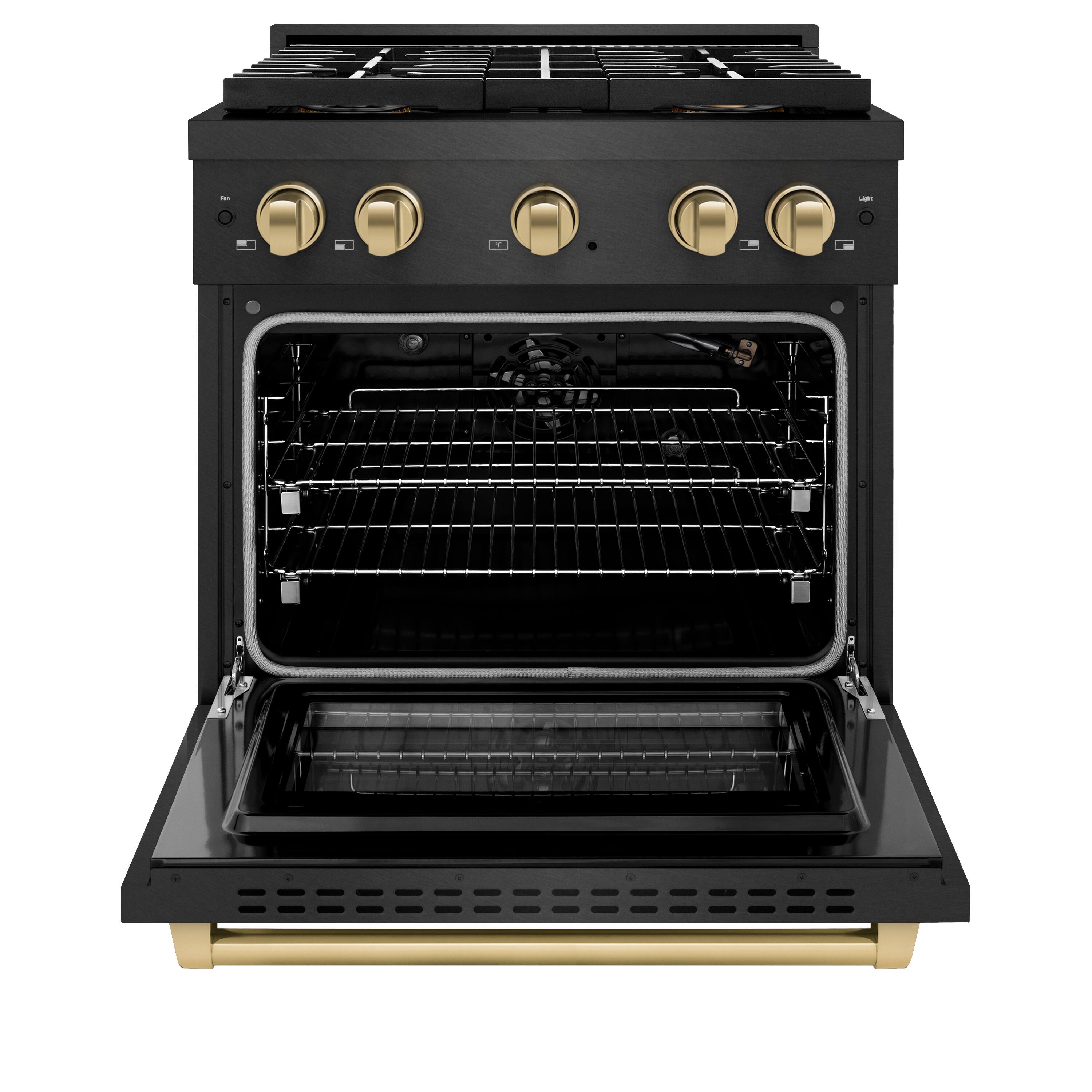 Angle. ZLINE - Autograph 30 in. 4.2 cu. ft. Manual Clean Freestanding DuoPro Gas Range in Black SatinSteel and Bronze Accents - Black Satin Stainless Steel.