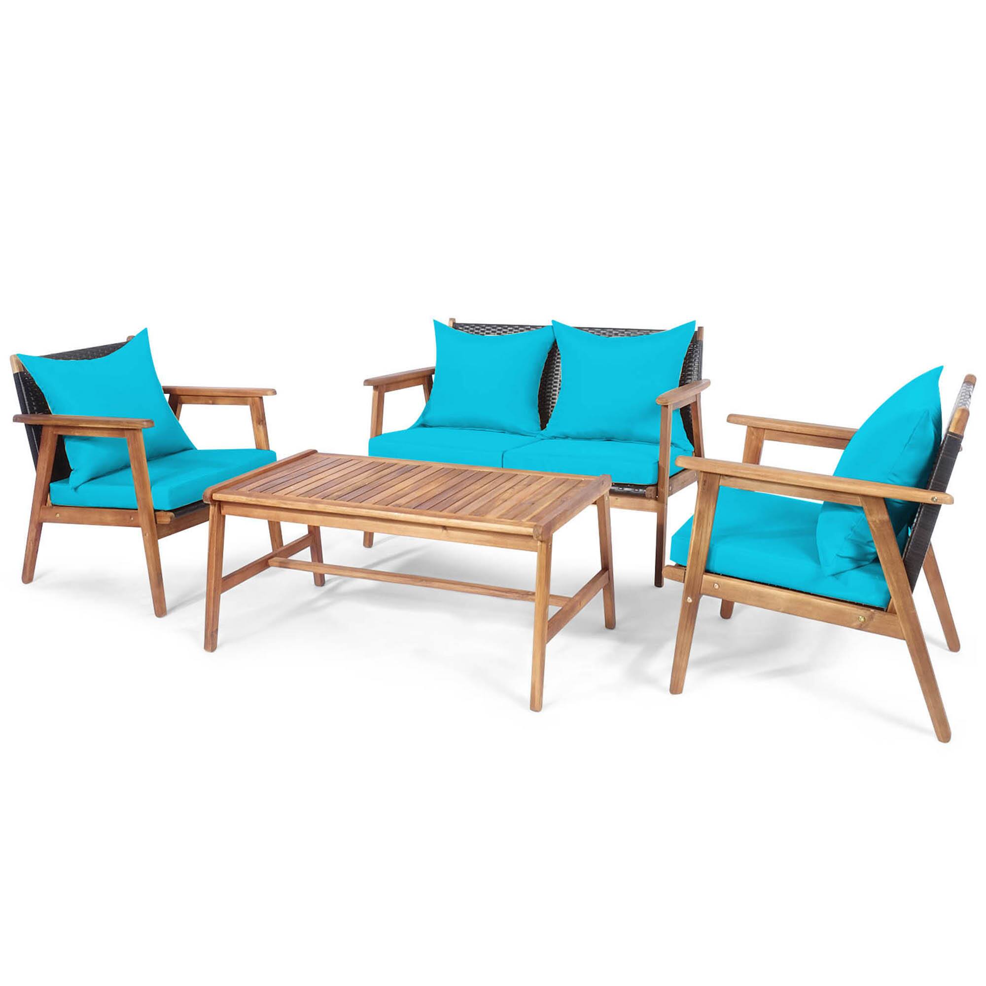 Alt View 8. Gymax - Gymax 4PCS Patio Conversation Set Wood Frame Furniture Set w/ Turquoise & Black Cushions - Black,Turquoise.