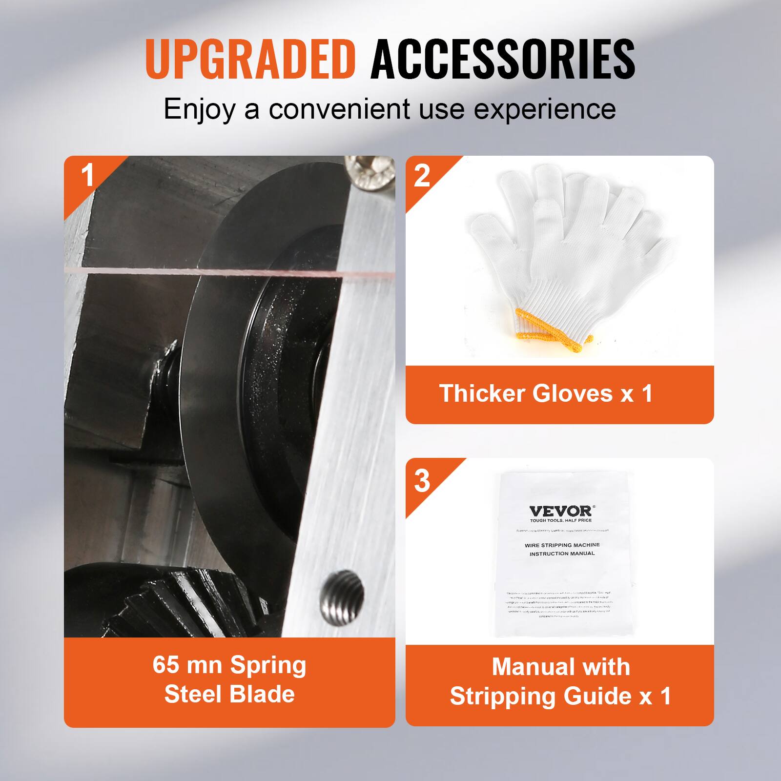 UPGRADED ACCESSORIES  
Enjoy a convenient use experience

1. Thicker Gloves x 1  
2. 65 mn Spring Steel Blade  
3. Manual with Stripping Guide x 1