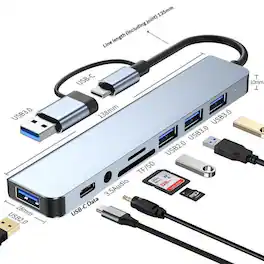 Cluzine - 8-in-1 Type-C Docking Station Dual USB 3.0 Hub Card Reader 3.5mm Audio Splitter for Laptop