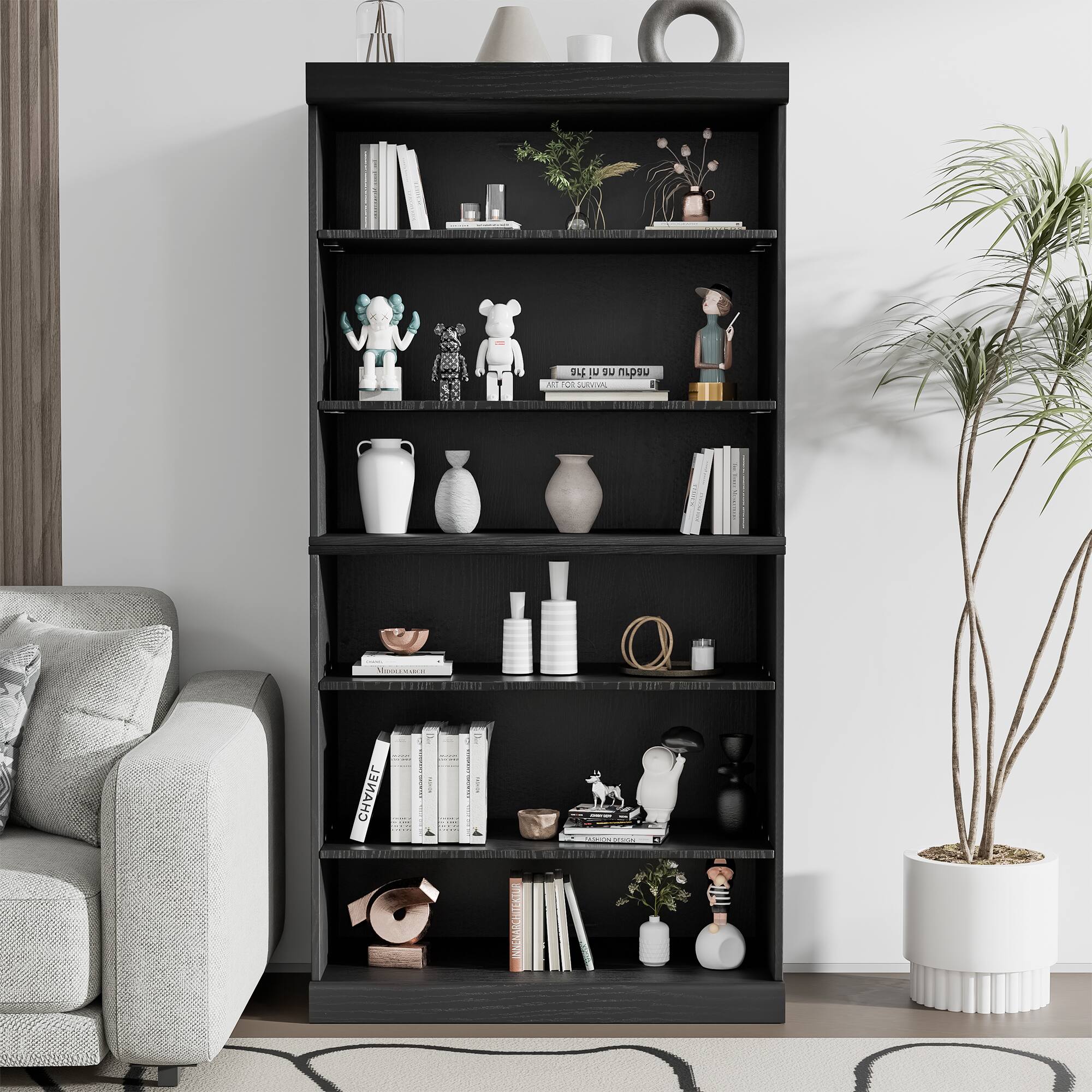 Alt View 2. PexFix - 31 in. 3-Shelf Solid Wood Storage Bookcase Farmhouse Multi-Functional Display Cabinet Furniture with Adjustable Shelves - Black.