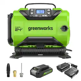 Greenworks - 24V Portable Air Compressor, Cordless Tire Inflator, Max 160 PSI, with 2Ah Battery and Charger - Green