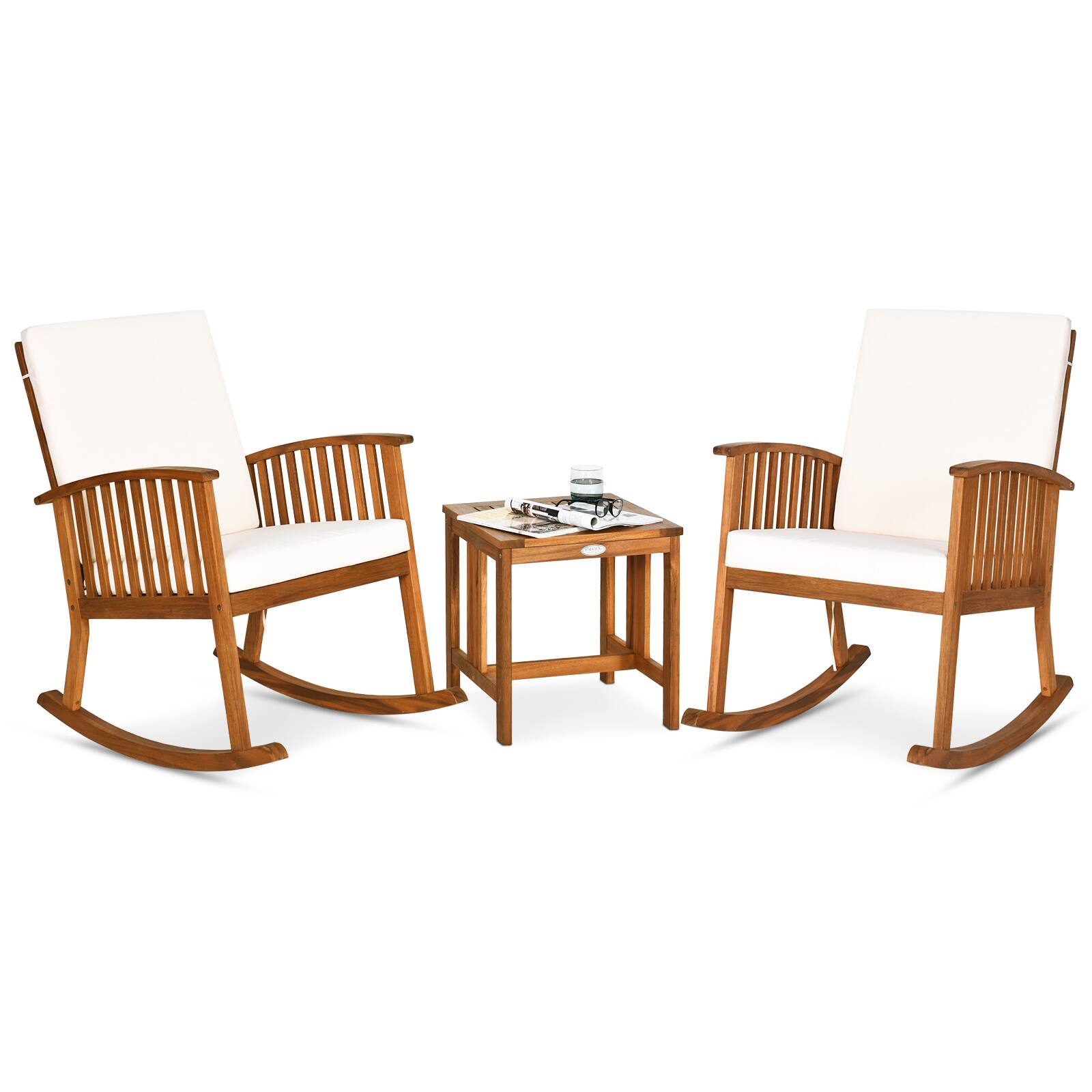 Gymax - 3 Pieces Acacia Wood Rocking Bistro Set w/ Coffee Table and Cushions for Lawn - Natural, Off White price history on PriceWatchPro