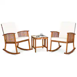 Gymax - 3 Pieces Acacia Wood Rocking Bistro Set w/ Coffee Table and Cushions for Lawn - Natural, Off White
