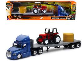 New Ray - Freightliner Cascadia with Flatbed Trailer Blue with Farm Tractor Red and Hay Bales "Long Haul Trucker" Series 1/43 - Blue With Red