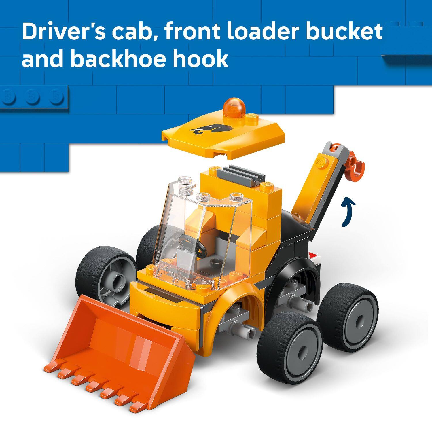 Driver's cab, front loader bucket and backhoe hook