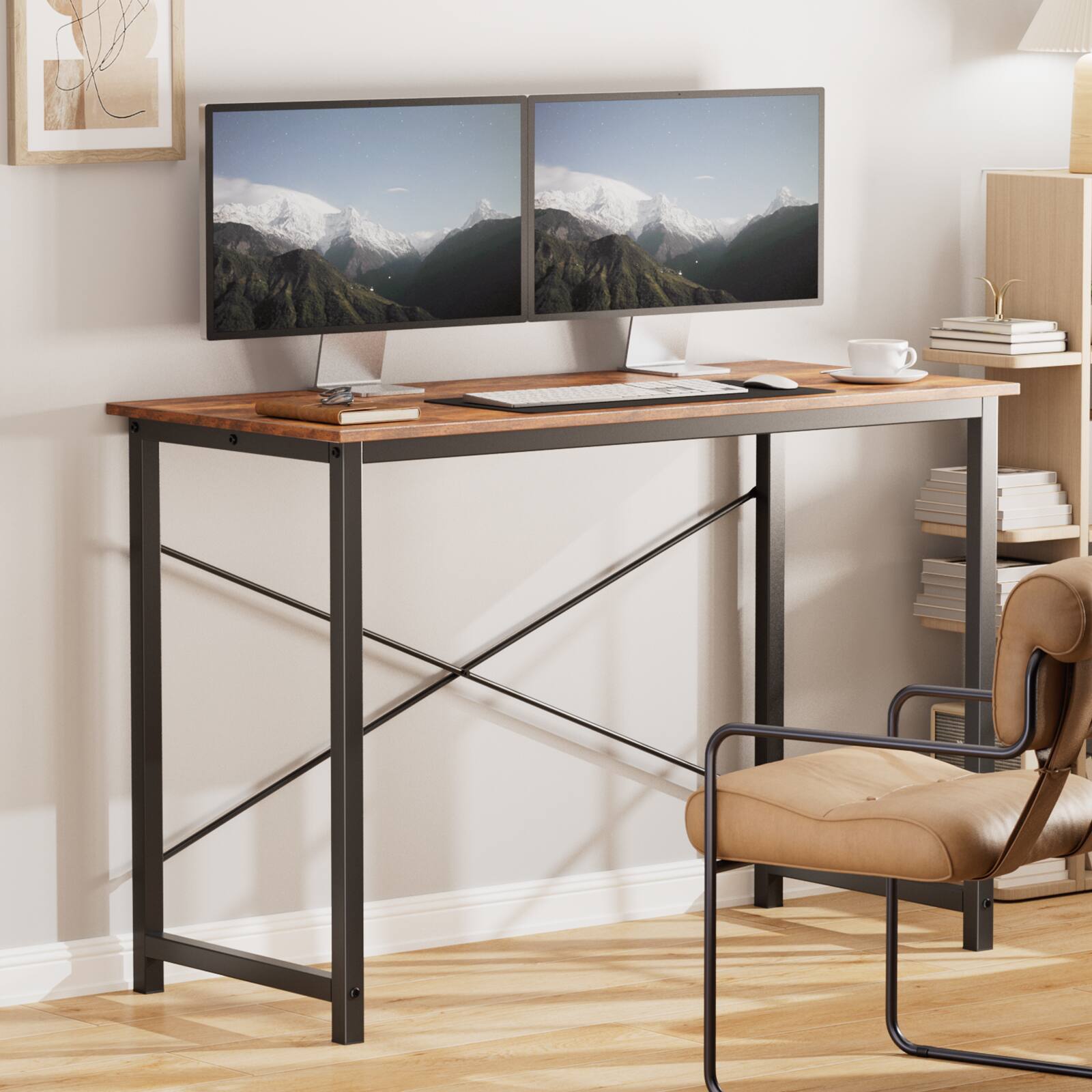 Angle. AENKYO - 44" Computer Desk Home Office Desk Writing Gaming Work Desk for Small Spaces - Brown.