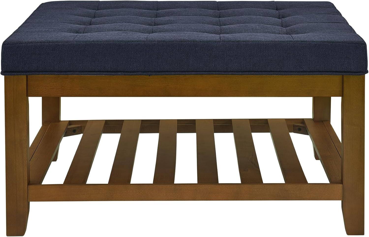 Alt View 5. Trinkets Crazed - Large Square Upholstered Tufted Linen Ottoman Coffee Table, Large Footrest Ottoman with Solid Wood Shelf - Navy Blue .