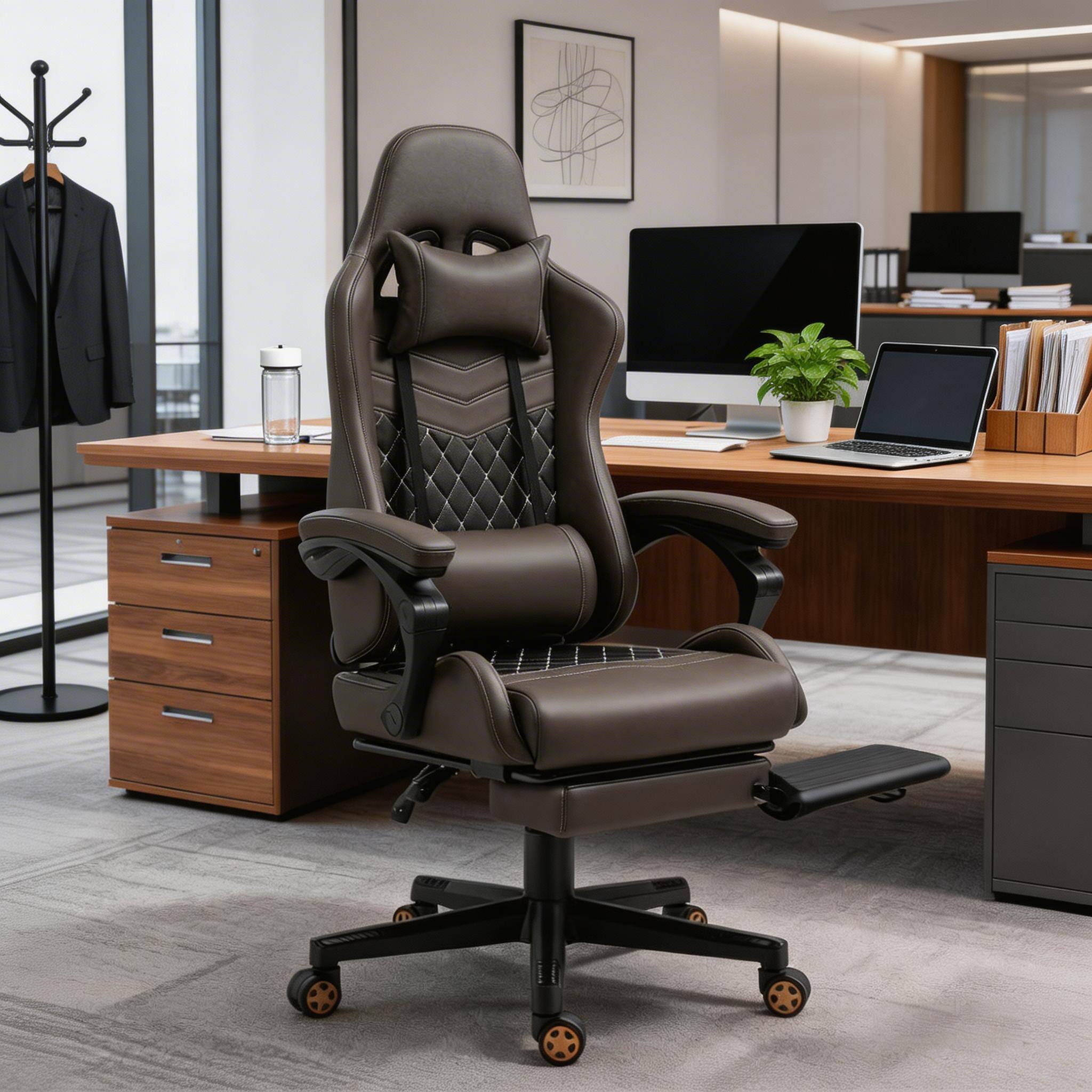 Left. Forest'nSky - Brown Office Gamer Chair High Back Swivel Recliner with Footrest,Lumbar Support,Adjustable Height - Brown.