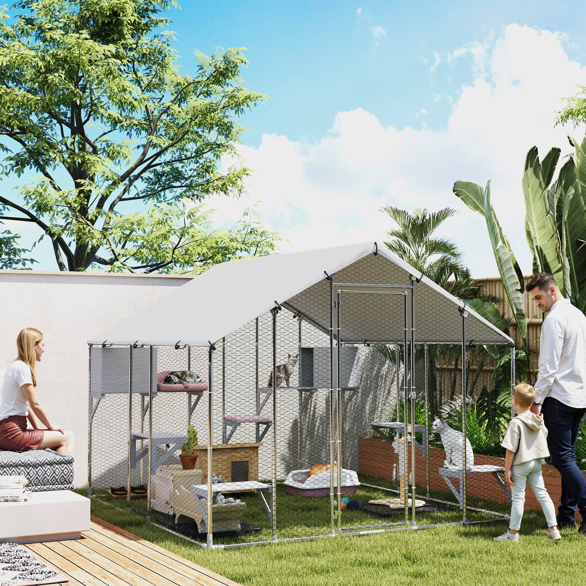 Angle. Pawhut - Catio Outdoor Cat Enclosure, 94.5" Extra Large Walk-in Cat House with Waterproof Cover, 2 Resting Boxes, 7 Platforms.