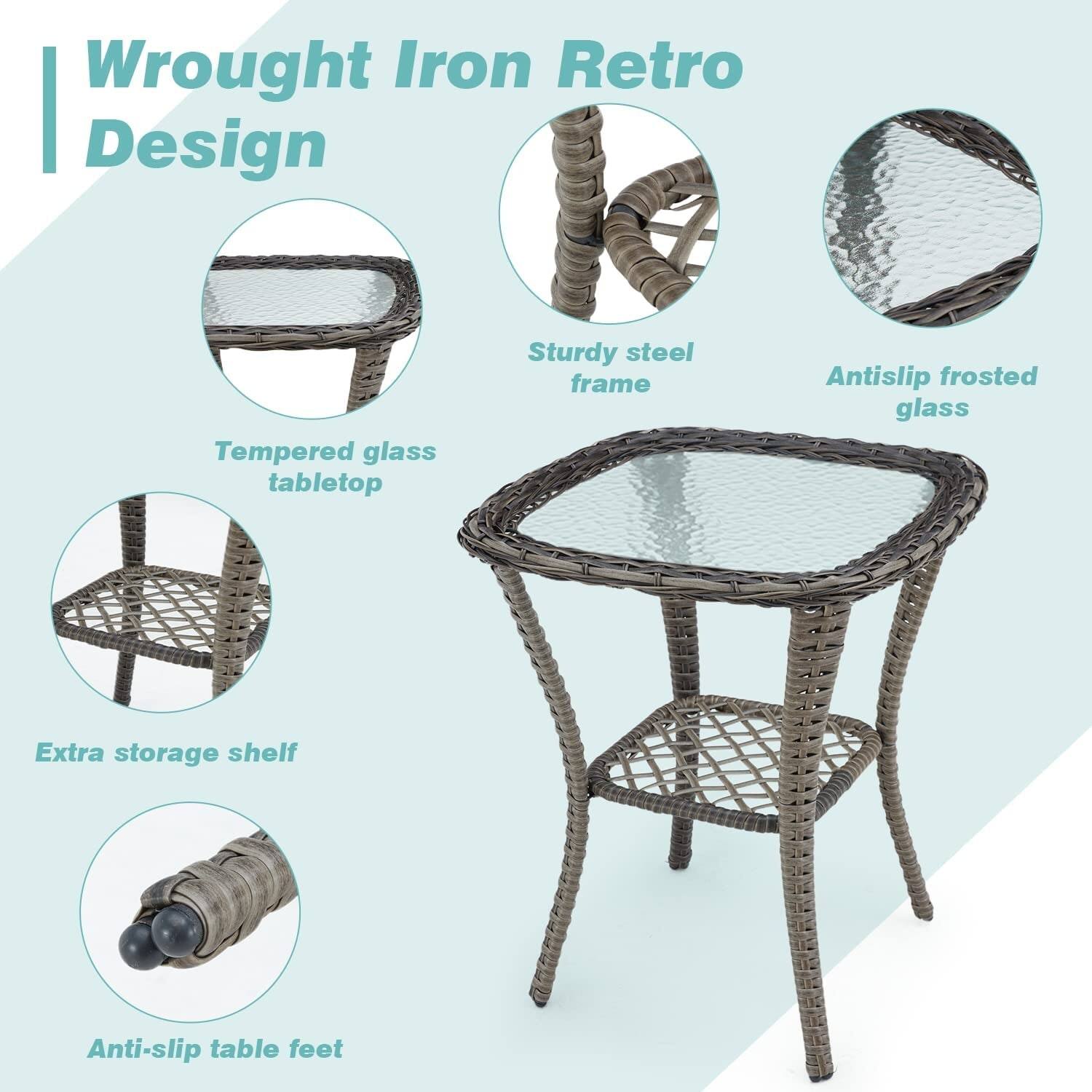 Wrought Iron Retro Design

- Tempered glass tabletop
- Sturdy steel frame
- Antislip frosted glass
- Extra storage shelf
- Anti-slip table feet