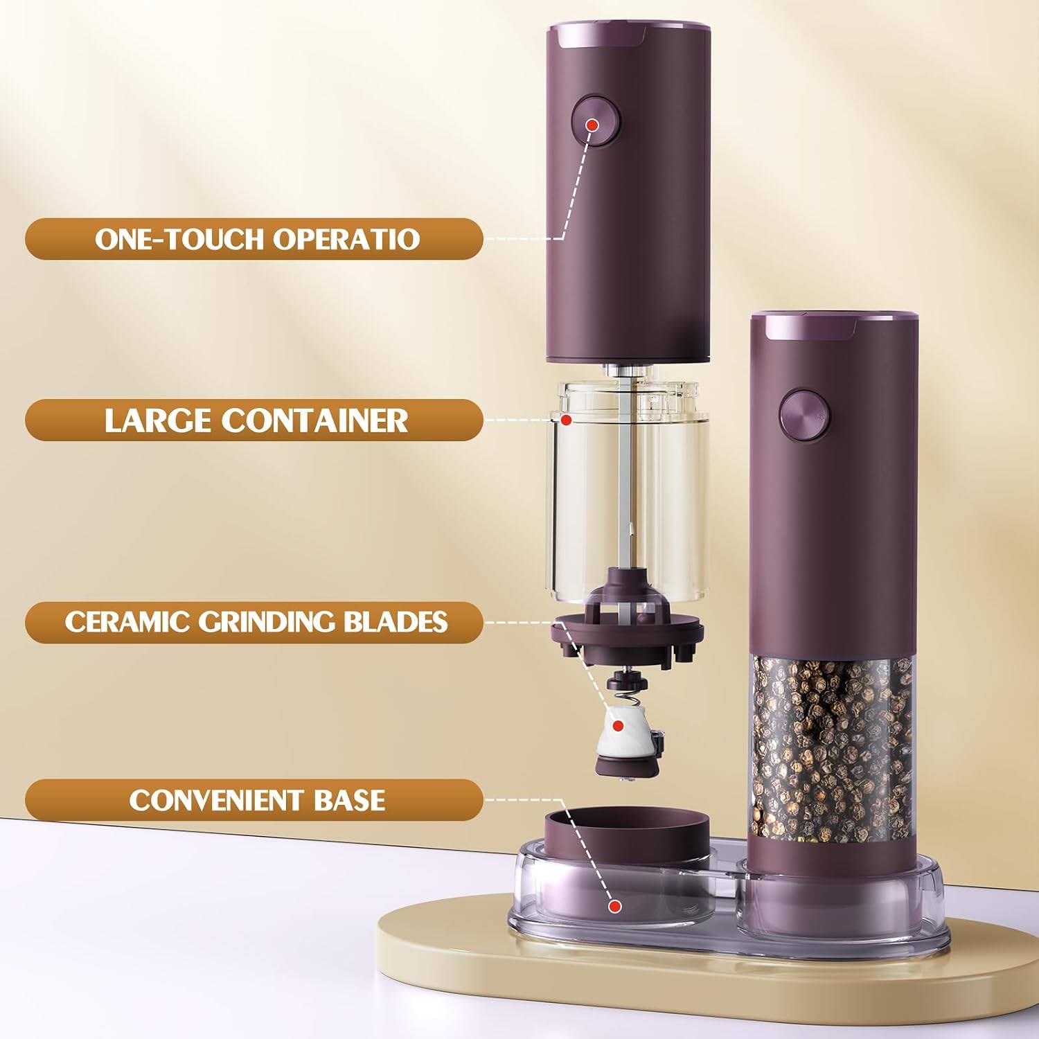 ONE-TOUCH OPERATION  
LARGE CONTAINER  
CERAMIC GRINDING BLADES  
CONVENIENT BASE