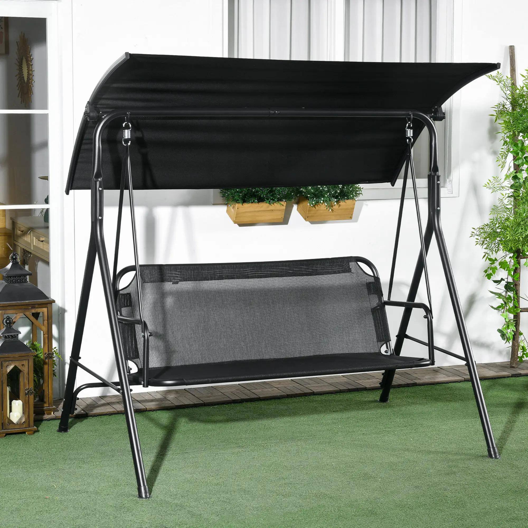 Alt View 9. Resenkos - Resenkos 3-Person Swing Set, Outdoor Patio Swing With Tilt Canopy, Steel Frame Bench Seat, Black.