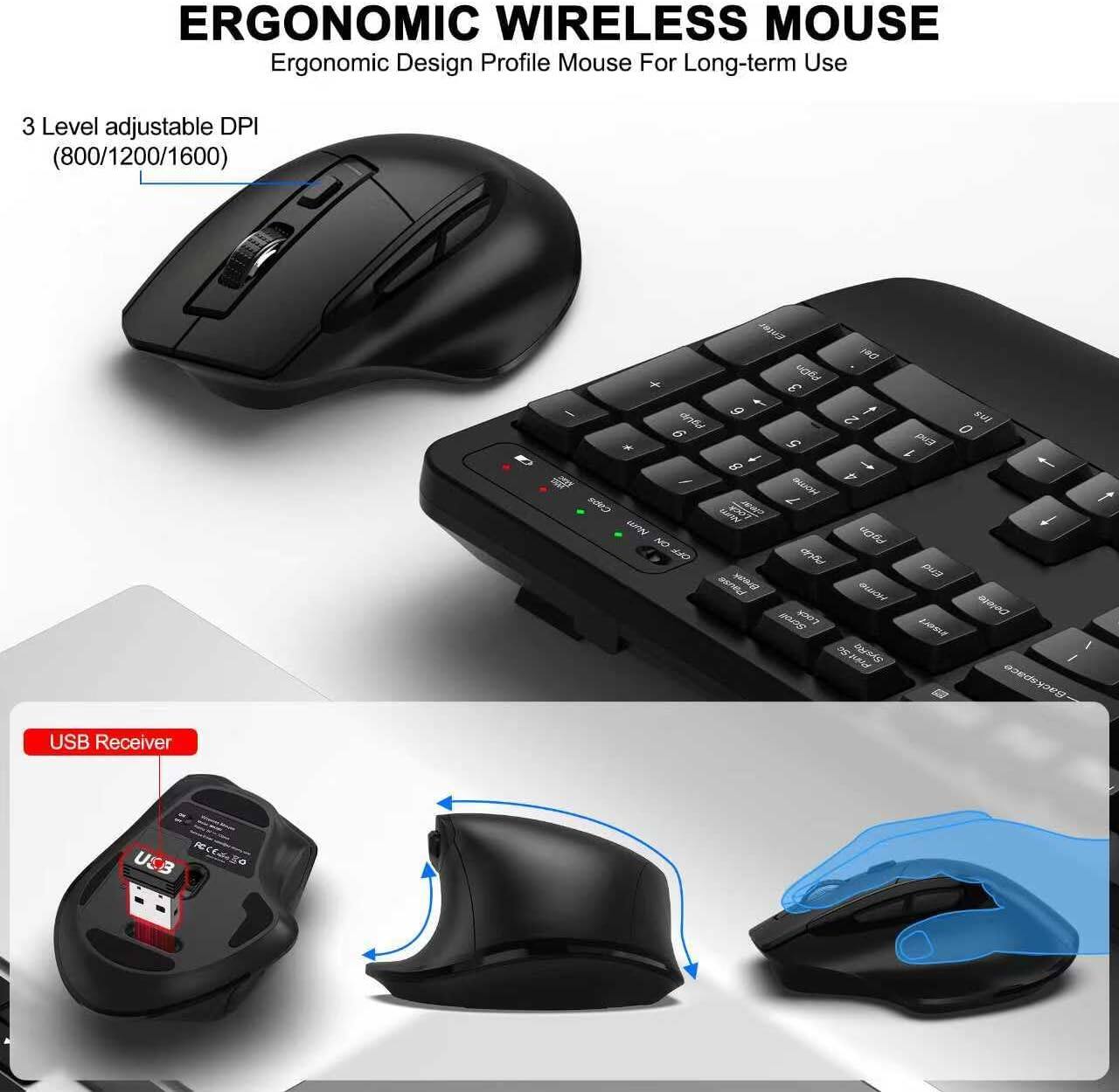 ERGONOMIC WIRELESS MOUSE  
Ergonomic Design Profile Mouse For Long-term Use  

3 Level adjustable DPI  
(800/1200/1600)  

USB Receiver
