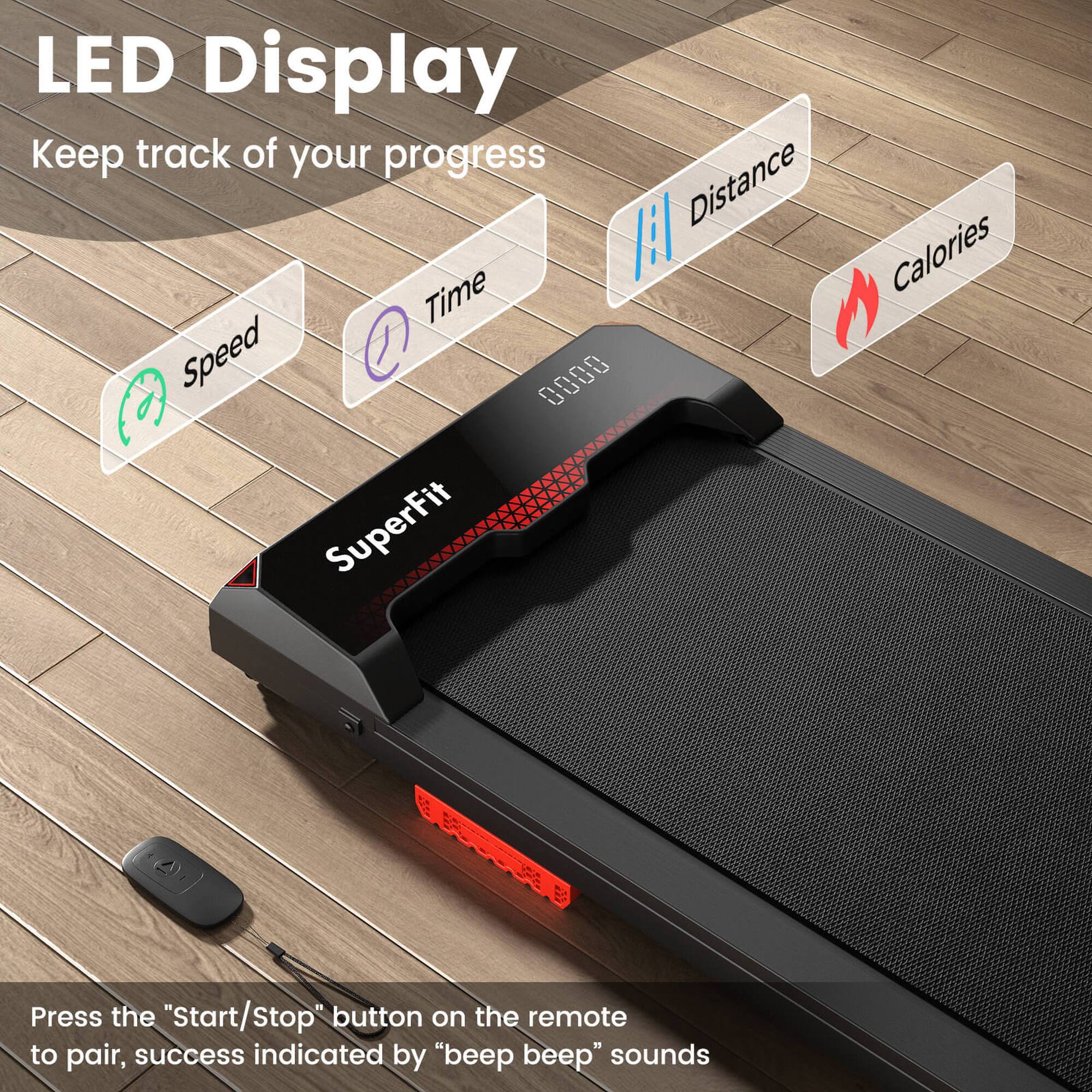 LED Display, Keep track of your progress, Time, Speed, 0000, SuperFit, Distance, Calories, Press the "Start/Stop" button on the remote to pair, success indicated by "beep beep" sounds