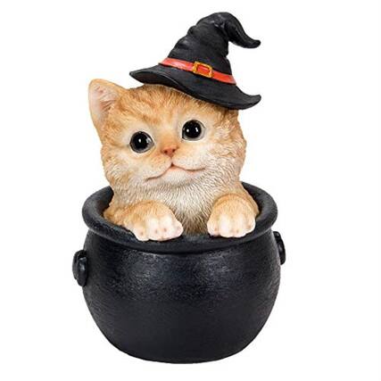 Front. Pacific Trading - Orange Tabby with Witch Hat in Cauldron Halloween Figurine 6 Inch Multicolor.