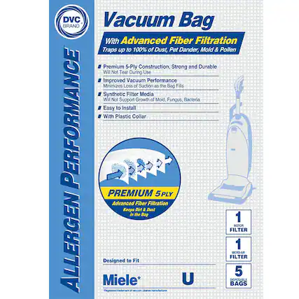 **DVC BRAND**
**Vacuum Bag**
**With Advanced Fiber Filtration**
Traps up to 100% of Dust, Pet Dander, Mold & Pollen
- **Premium 5-Ply Construction**, Strong and Durable
Will Not Tear During Use
- **Improved Vacuum Performance**
Minimizes Loss of Suction as the Bag Fills
- **Synthetic Filter Media**
Will Not Support Growth of Mold, Fungus, Bacteria
- **Easy to Install**
- **With Plastic Collar**
**PREMIUM 5 PLY**
Advanced Fiber Filtration
Keeps Dirt & Dust in the Bag
**1 MOTOR FILTER**
**1 MICRO-AIR FILTER**
**5 DISPOSABLE BAGS**
**Designed to Fit**
**Miele**
*Registered trademark of vacuum cleaner manufacturer*
**U**
*Designed to Fit manufacturer*