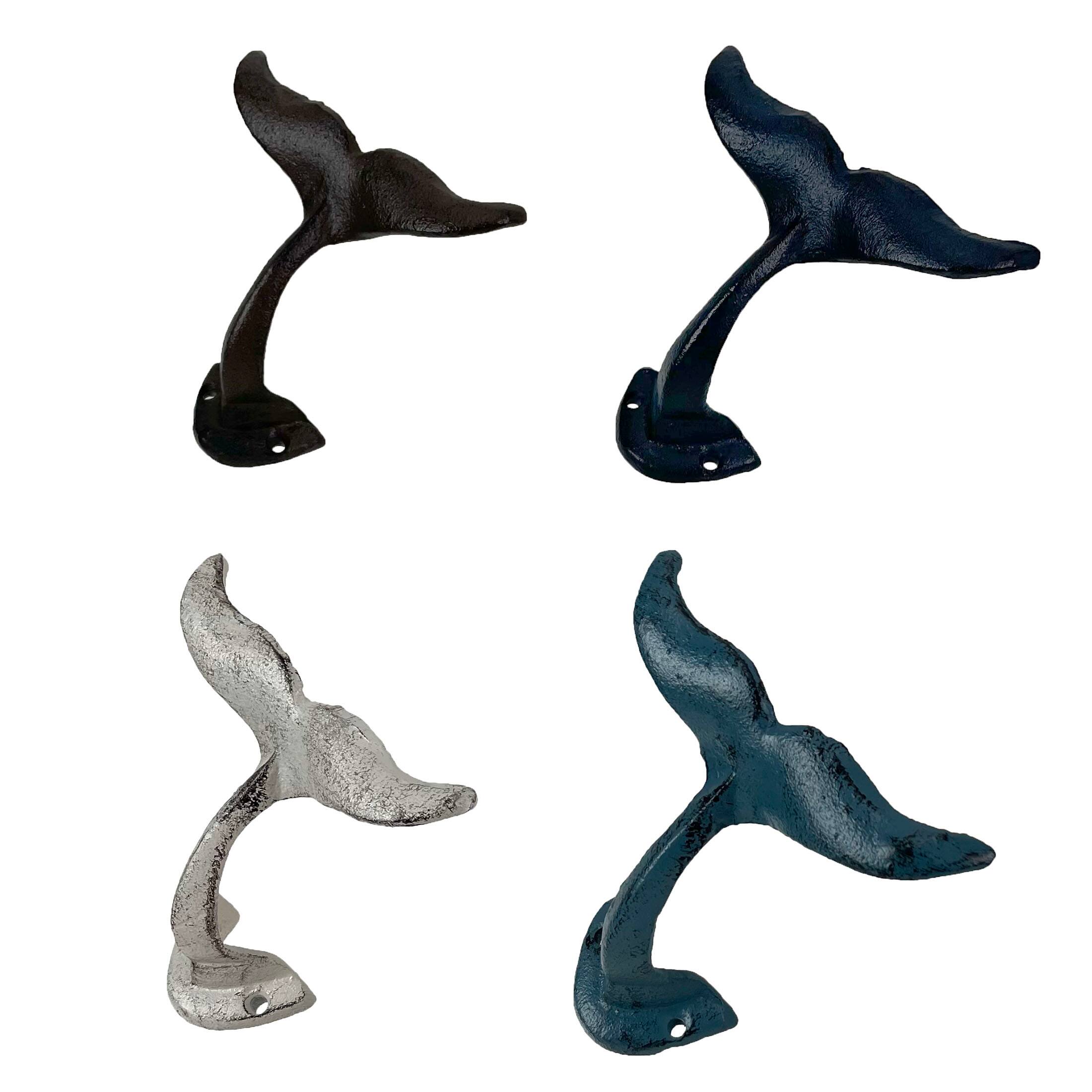 Alt View 4. Zeckos - Zeckos Colorful Coastal Cast Iron Whale Tail Set of 4 Wall Hooks - Natural.