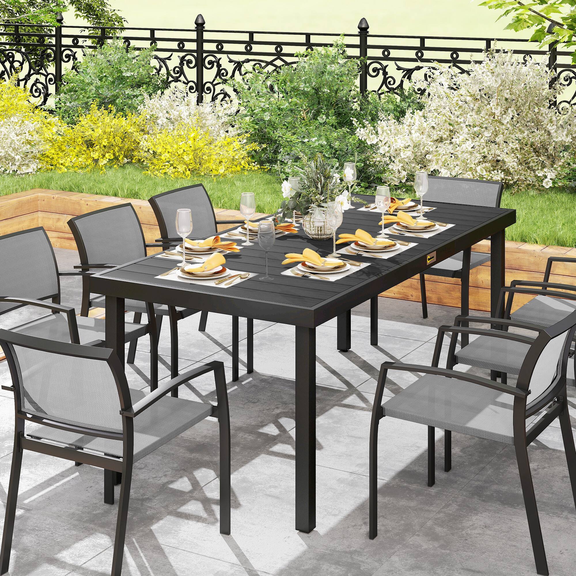 Alt View 8. Outsunny - 75" x 35" Outdoor Dining Table for 8 People, Rectangular Aluminum Frame Garden Table with All-Weather Faux Wood Top - Black.