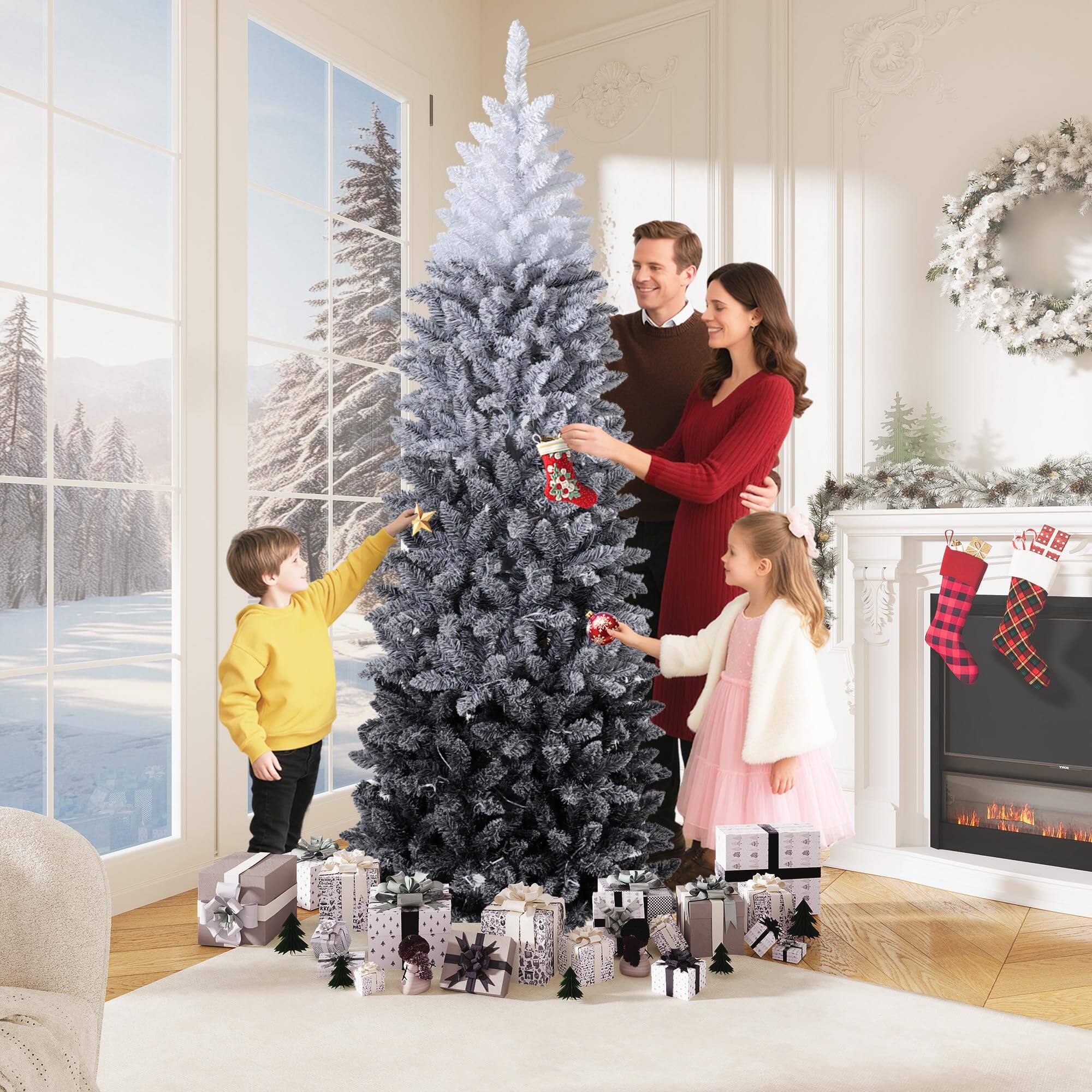 Back. Jojoka - 6Ft Snow Flocked Pencil Christmas Tree, Slim Gradient Xmas Tree with Metal Stand, Holiday Decor - 6 Ft Black.