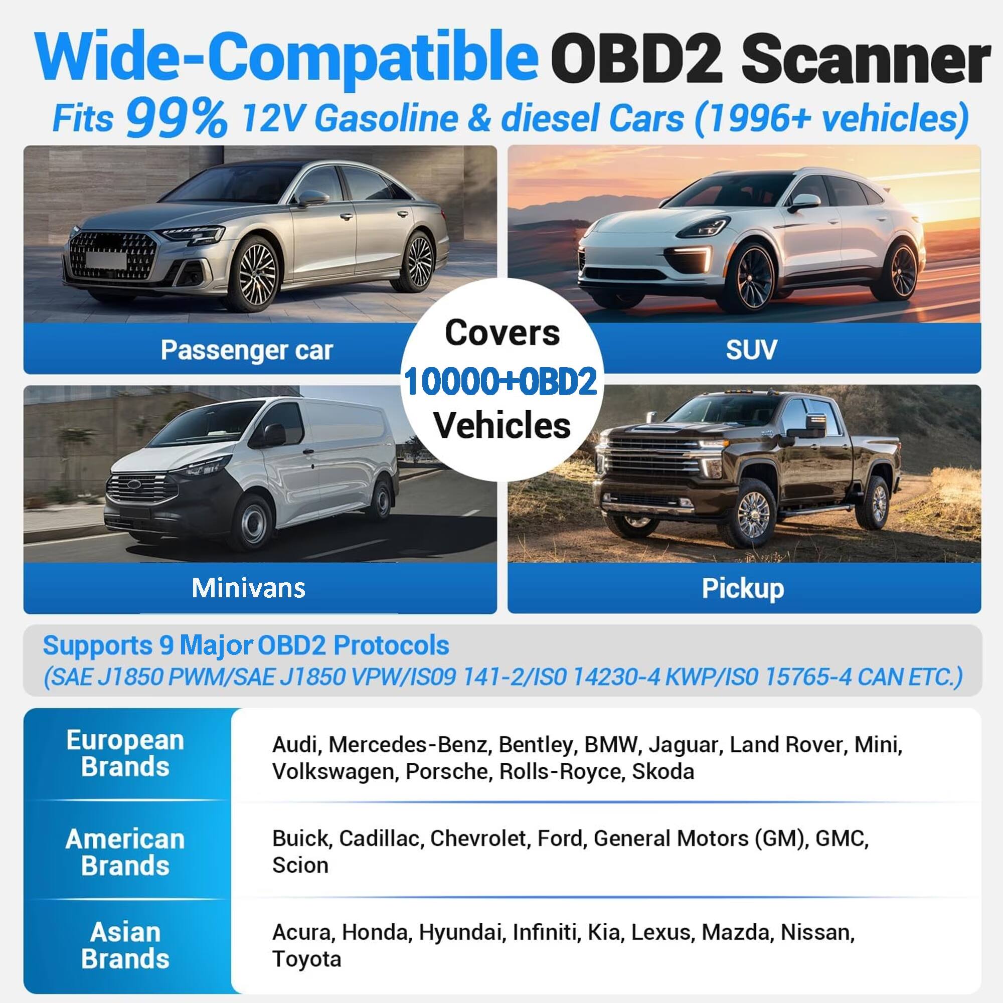 Wide-Compatible OBD2 Scanner Fits 99% 12V Gasoline & diesel Cars (1996+ vehicles)

Passenger car
Covers 10000+ OBD2 Vehicles
SUV
Minivans
Pickup

Supports 9 Major OBD2 Protocols (SAE J1850 PWM/SAE J1850 VPW/ISO 9141-2/ISO 14230-4 KWP/ISO 15765-4 CAN ETC.)

European Brands
Audi, Mercedes-Benz, Bentley, BMW, Jaguar, Land Rover, Mini, Volkswagen, Porsche, Rolls-Royce, Skoda

American Brands
Buick, Cadillac, Chevrolet, Ford, General Motors (GM), GMC, Scion

Asian Brands
Acura, Honda, Hyundai, Infiniti, Kia, Lexus, Mazda, Nissan, Toyota