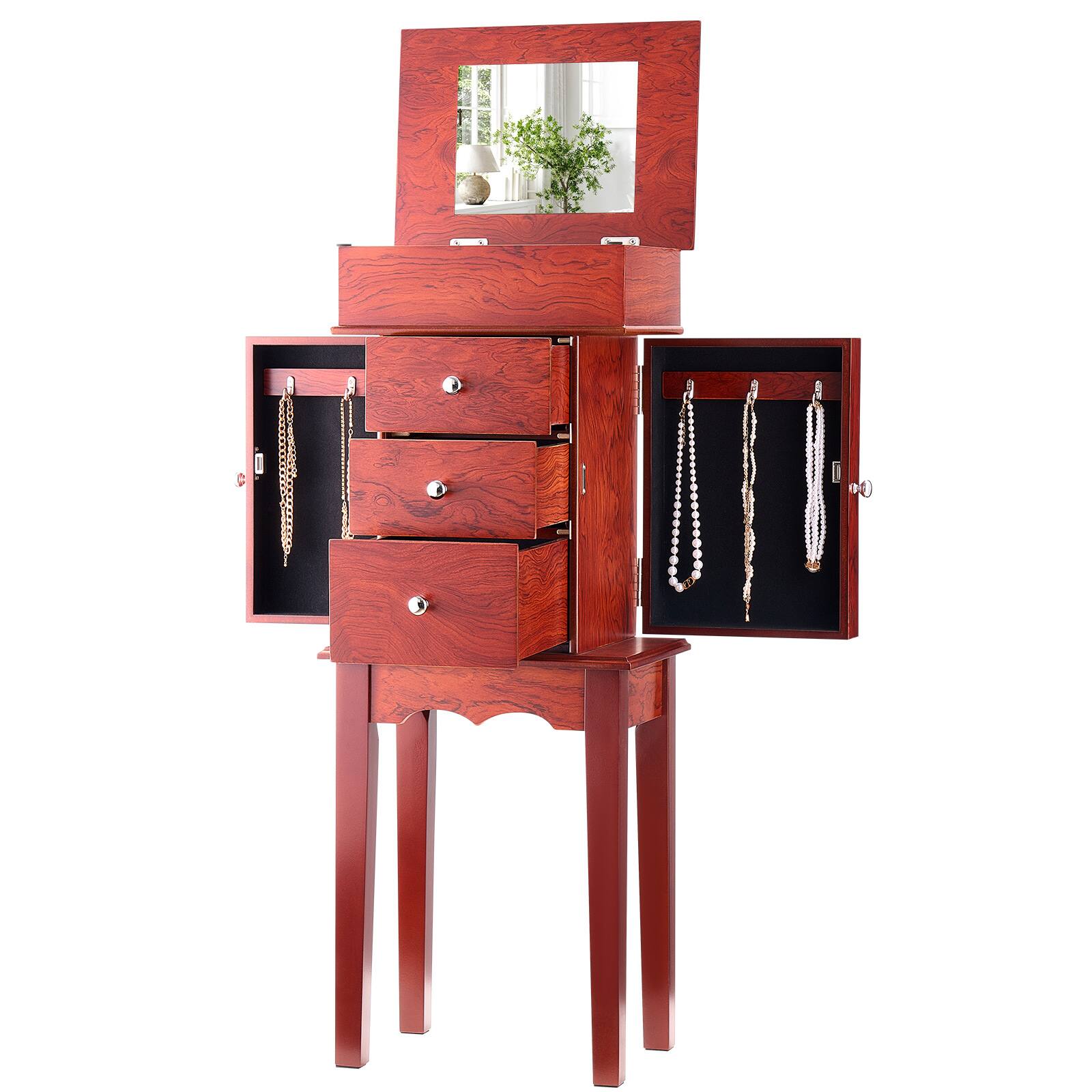 Alt View 5. VEVOR - Jewelry Cabinet Armoire, Standing Wood Jewelry Storage Chest with 3 Drawers, Flip Top Mirror, 4 Top Storage Compartments - Wood Color.