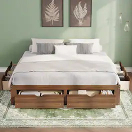 Whisen - Storage Platform Bed with 6 Spacious Pull-Out Drawers for Bedroom - Light Walnut