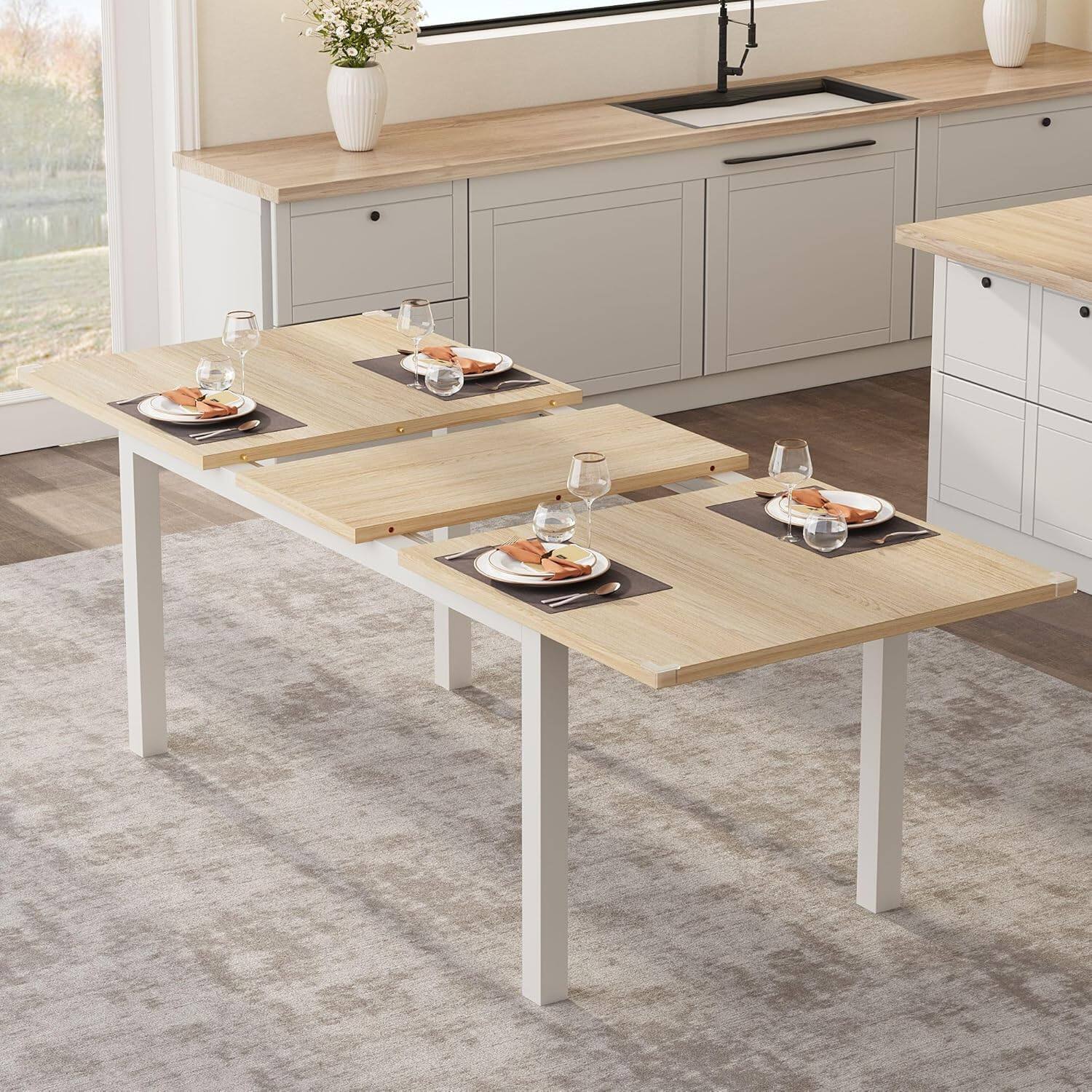 Front. Babevy - 43.7"–63" Extendable Dining Table for 6–8, Large Kitchen Table with Metal Frame & MDF Top - White.
