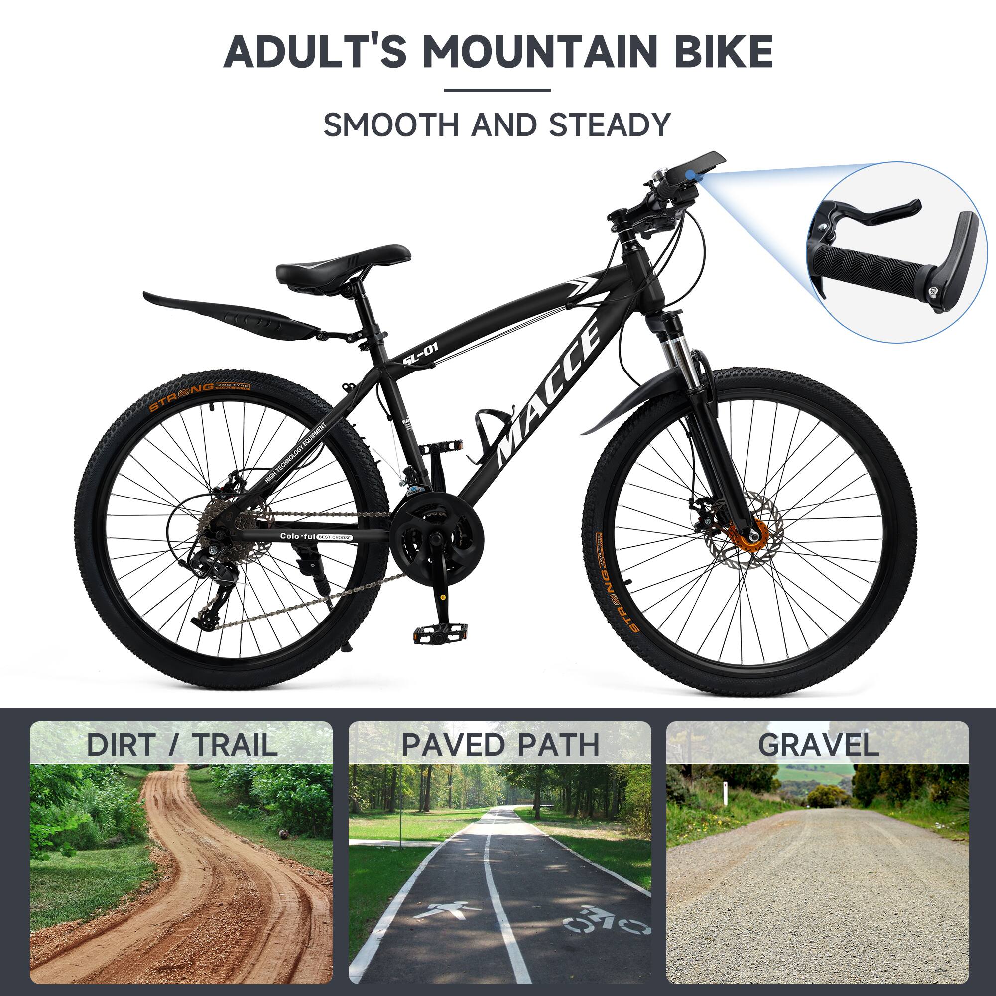 ADULT'S MOUNTAIN BIKE  
SMOOTH AND STEADY  

DIRT / TRAIL  
PAVED PATH  
GRAVEL