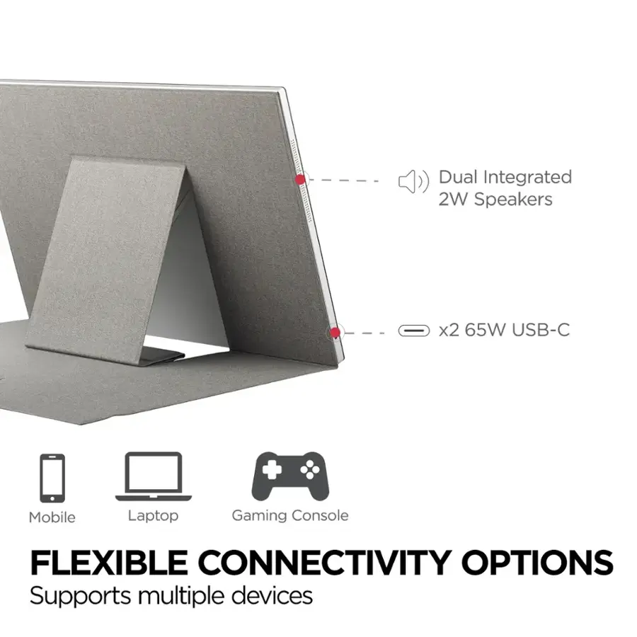 Flexible Connectivity Options Supports Multiple Devices Dual Integrated 2W Speakers x2 65W USB-C + Mobile Laptop Gaming Console