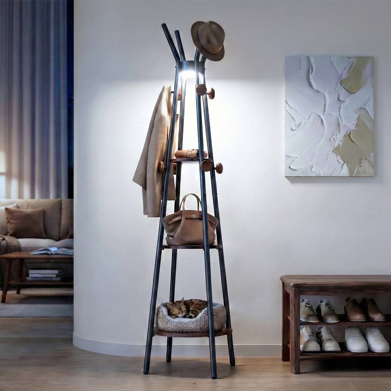 Alt View 7. Pawtners - Freestanding Coat Rack with 3 Shelves and 12 Hooks, Coat tree with Motion Sensor Light for Entryway, Black - Black.