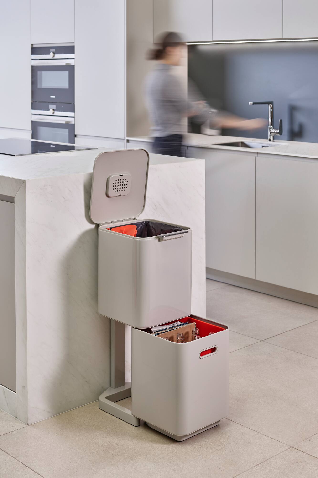 Alt View 2. Joseph Joseph - Totem Compact 40-liter Waste & Recycling Dual Kitchen Trash Can - Stone.