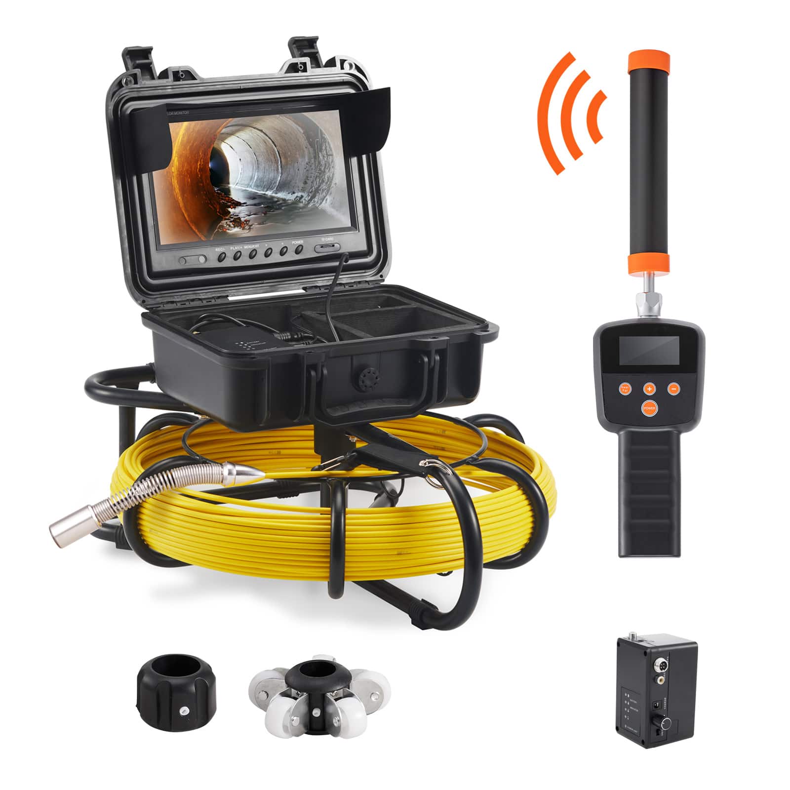 VEVOR - Sewer Camera with 512Hz Locator, 164 ft/50 m, 9" Pipeline Inspection Camera with DVR Function, IP68 Camera - Yellow;Black