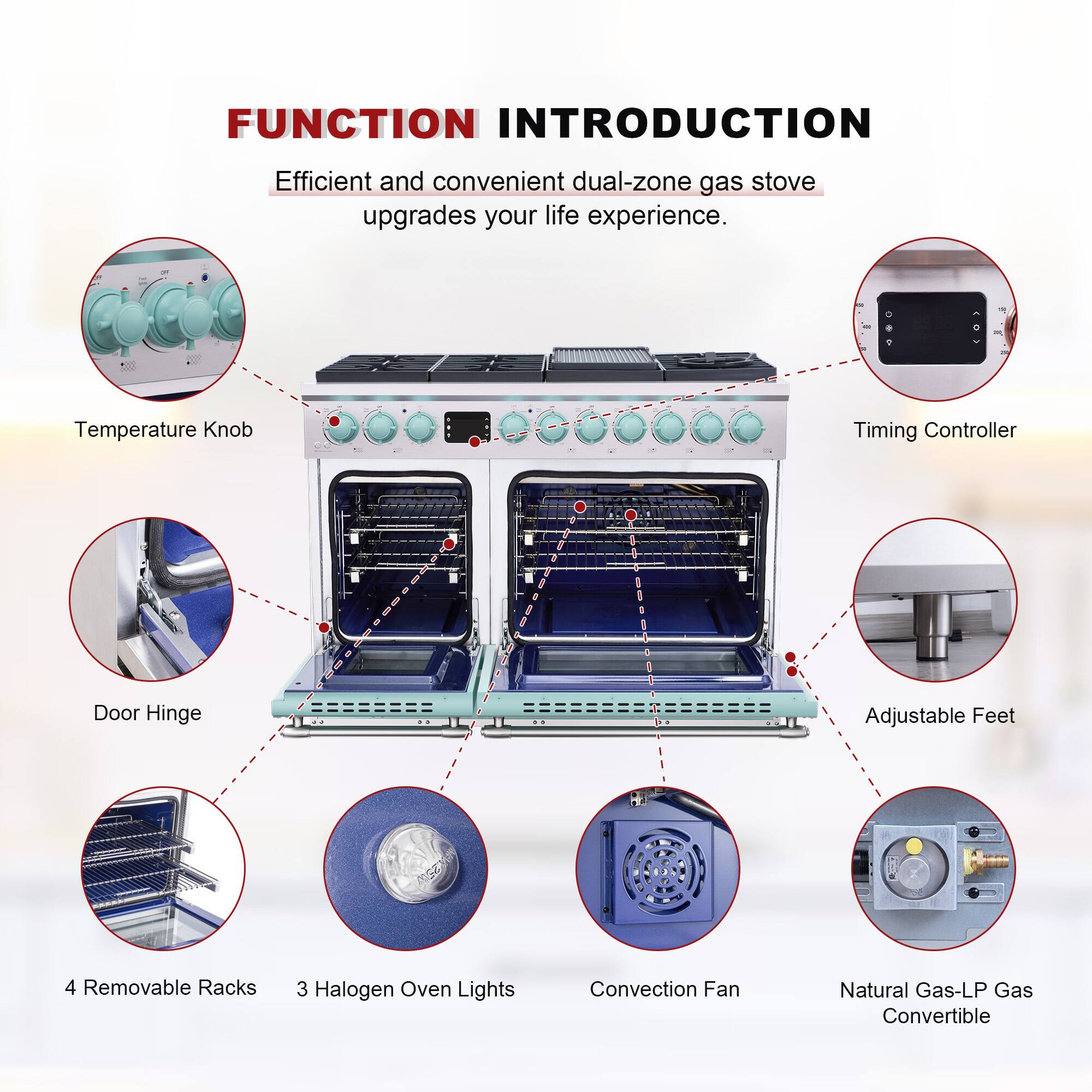 FUNCTION INTRODUCTION  
Efficient and convenient dual-zone gas stove upgrades your life experience.  

- Temperature Knob  
- Timing Controller  
- Door Hinge  
- Adjustable Feet  
- 4 Removable Racks  
- 3 Halogen Oven Lights  
- Convection Fan  
- Natural Gas-LP Gas Convertible