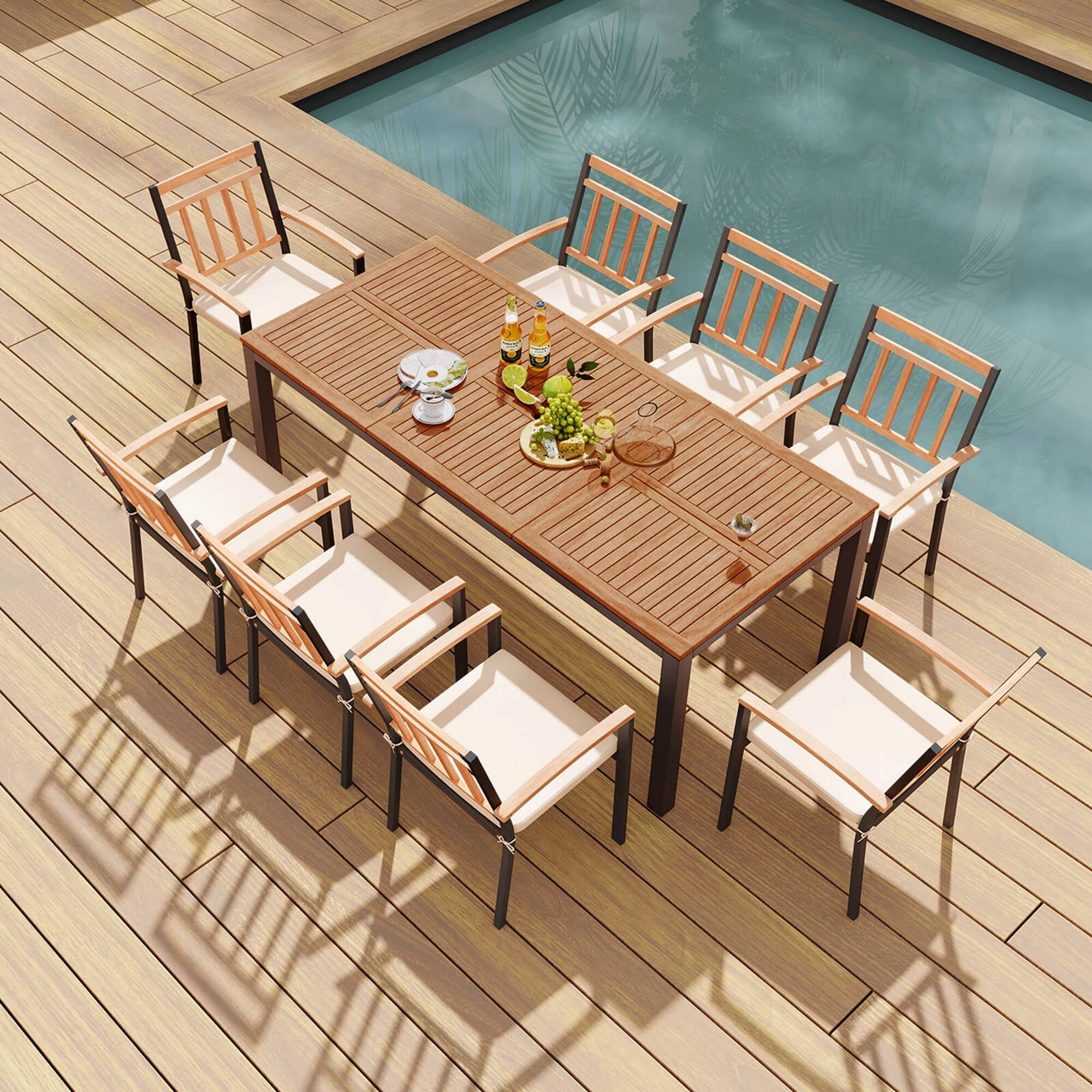 Alt View 3. Costway - Costway 9 PCS Outdoor Dining Table & Chairs Set Table with Acacia Wood Top Umbrella Hole - Natural.