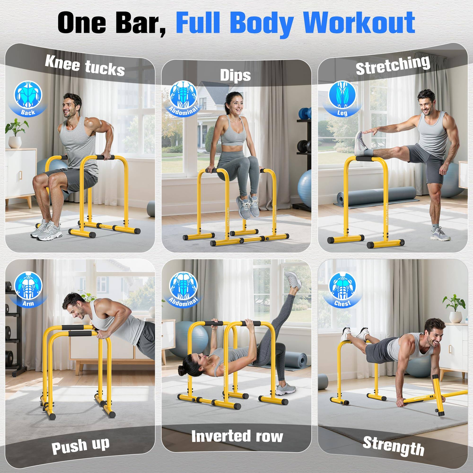 One Bar, Full Body Workout

- Knee tucks
- Dips
- Stretching
- Push up
- Inverted row
- Strength